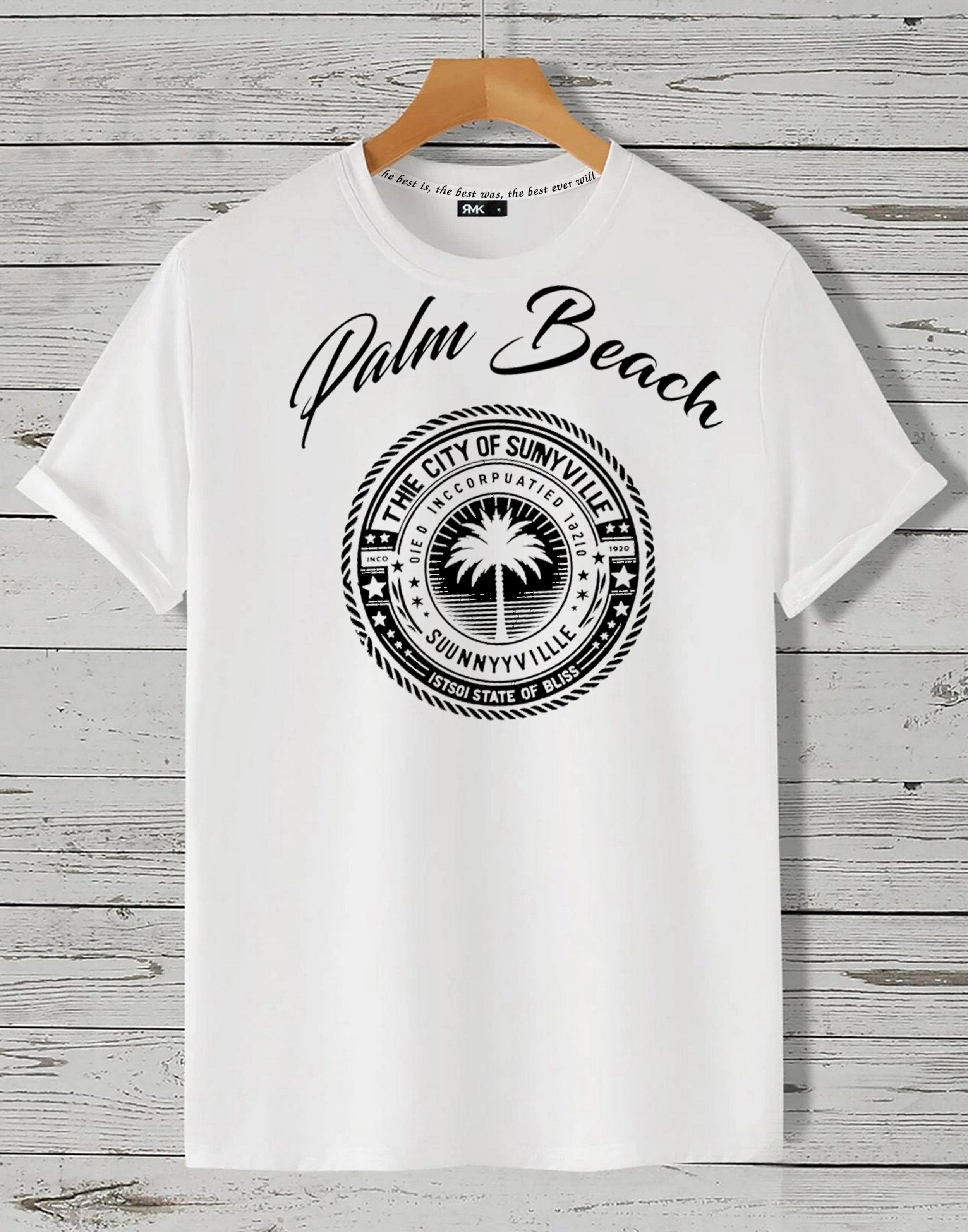 RMK T-Shirt Herren Shirt Basic Rundhals mit Bedruckung Palme Palm Beach aus Baumwolle