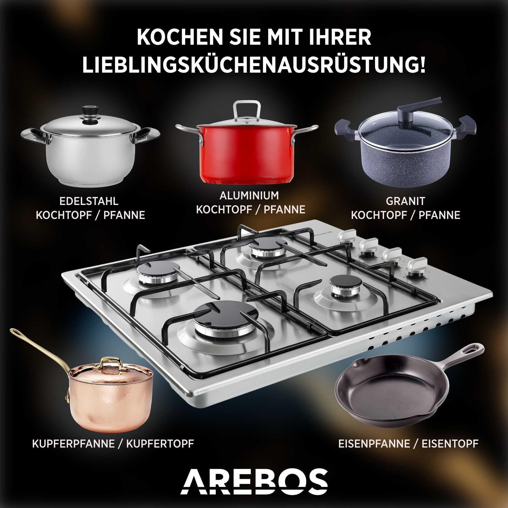 Arebos Gas-Kochfeld, inkl. Gusseisen-Topfträger & Zündsicherung
