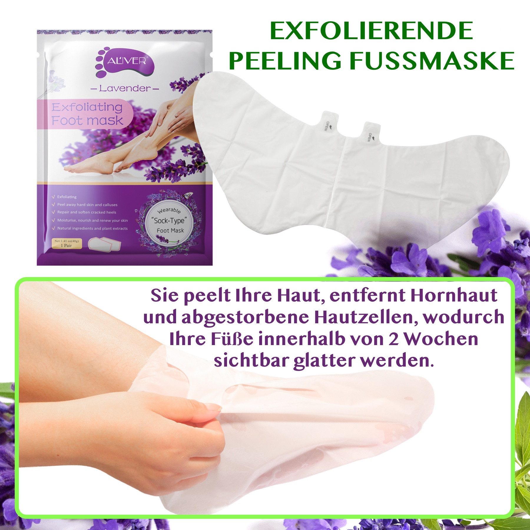 ALIVER Fußmaske Fußpflege Anti Hornhaut Socken Lavendel Aliver, 1-tlg., Lavendel