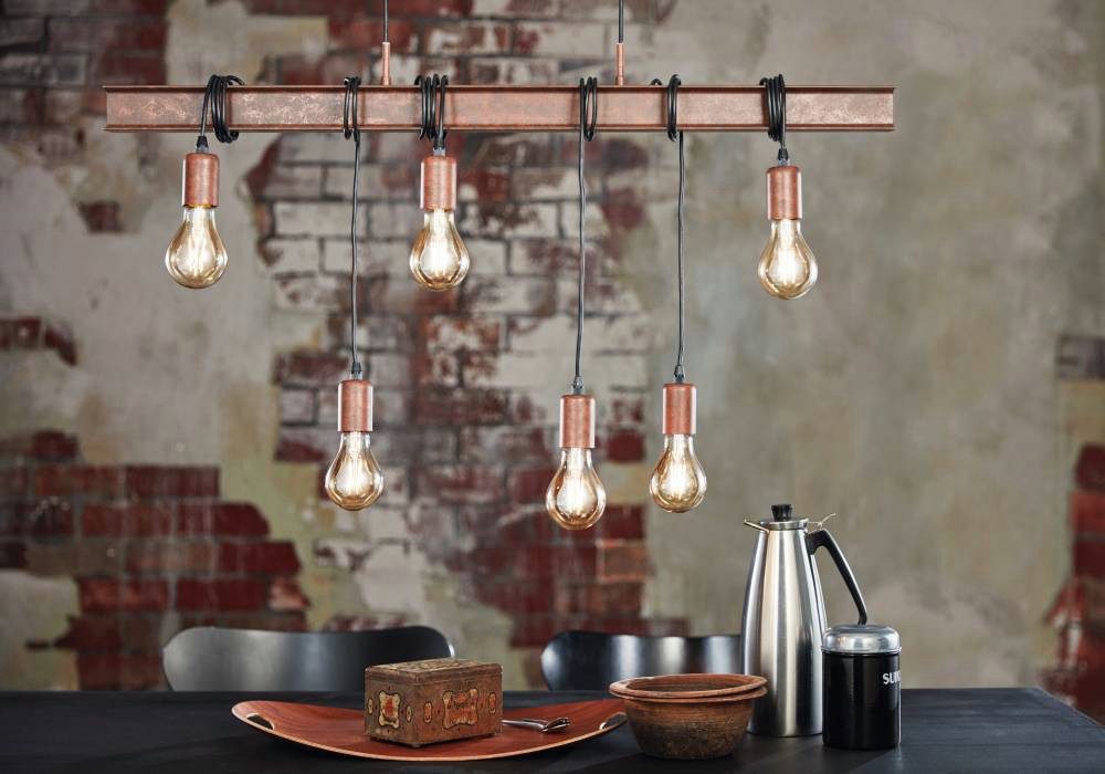 EGLO Pendelleuchte TOWNSHEND 4 Hängeleuchte, Stahl, Rostoptik, Retro, Vintage, E27, ohne Leuchtmittel, antik-braun, Metallbalken, Esszimmer, 6 flammig, 110x100,5x7cm