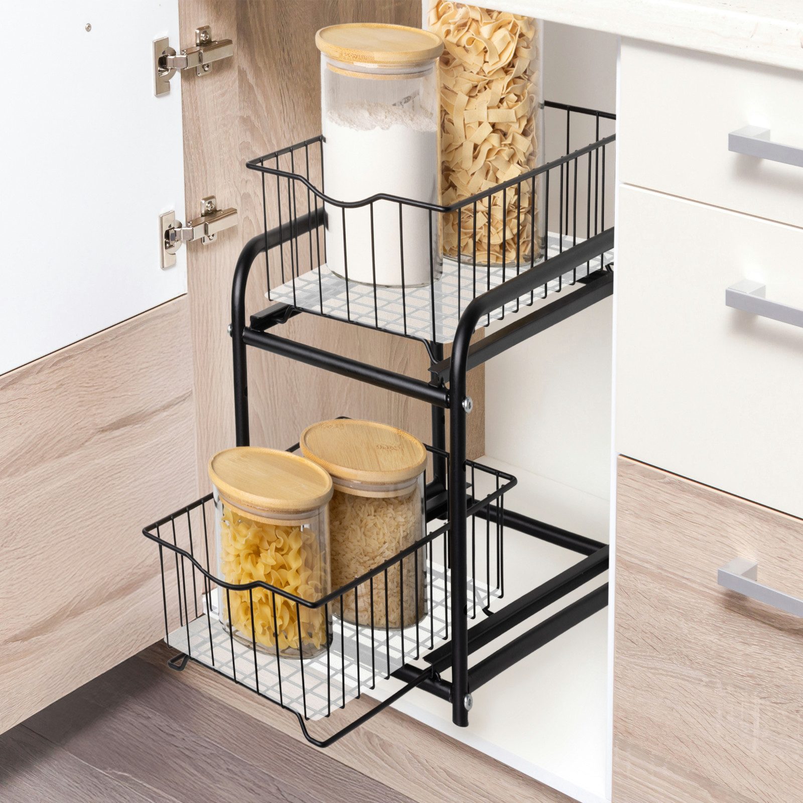 Haushalt International Schrankeinsatz Schrankauszug Organizer Gewürzregal 37x32x22cm Metall Schwarz (1 St), ausziehbar, Platzsparend, einfache Montage, Drahtkörbe