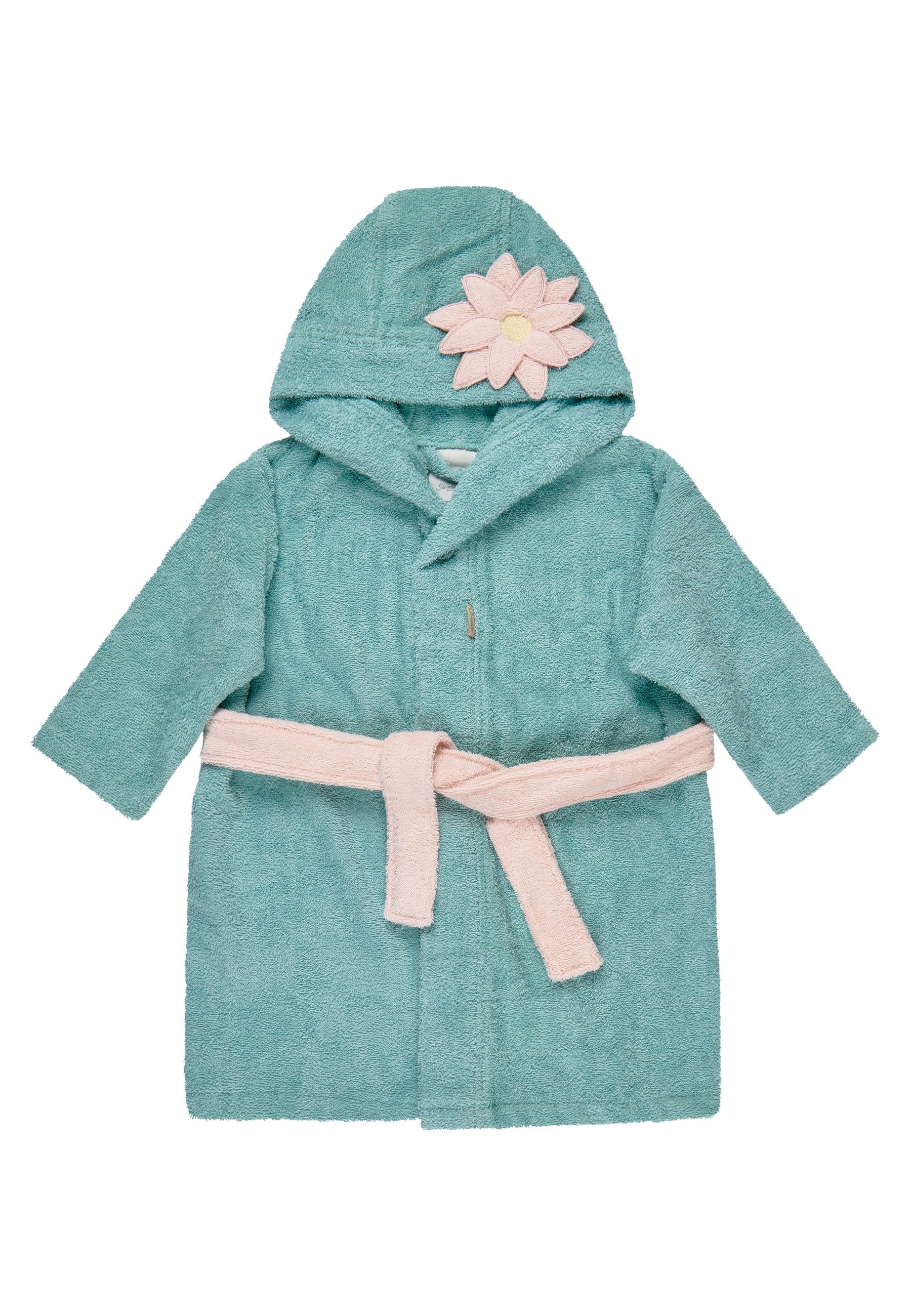 Sterntaler® Babybademantel Bademantel OZEAN, lange Arme, Oberstoff: 100 % Baumwolle, aus saugfähiger Baumwolle, kuschelweiche Frotteequalität, mit Kapuze und Gürtel, 3D Elemente an der Kapuze, edle Holzknöpfe, Knöpfe, Bademantel aus weichem Frottee, 3D Blume an der Kapuze, Knöpfe, Gürtel