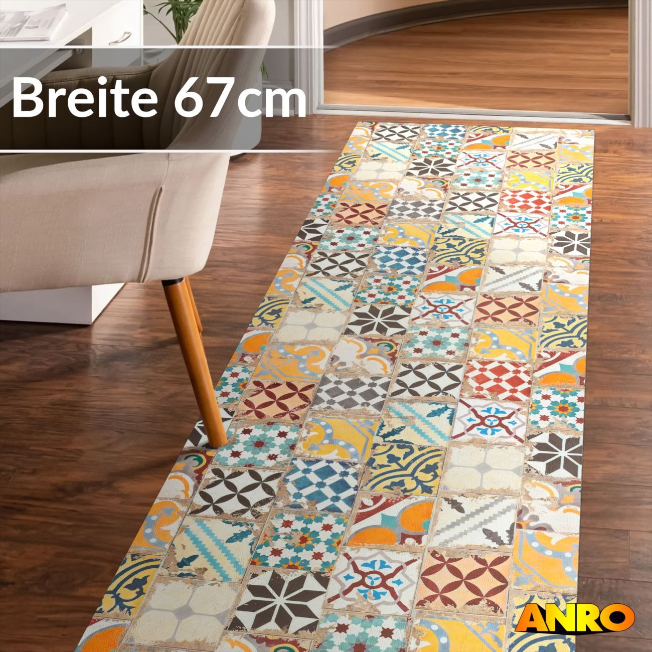 ANRO Küchenläufer abwaschbar Fliesenmix LADY Läufer pflegeleicht Küchenteppich, Rechteckig, Höhe: 3 mm, robust schmutzabweisend 67x180cm Oriental Bunt robust