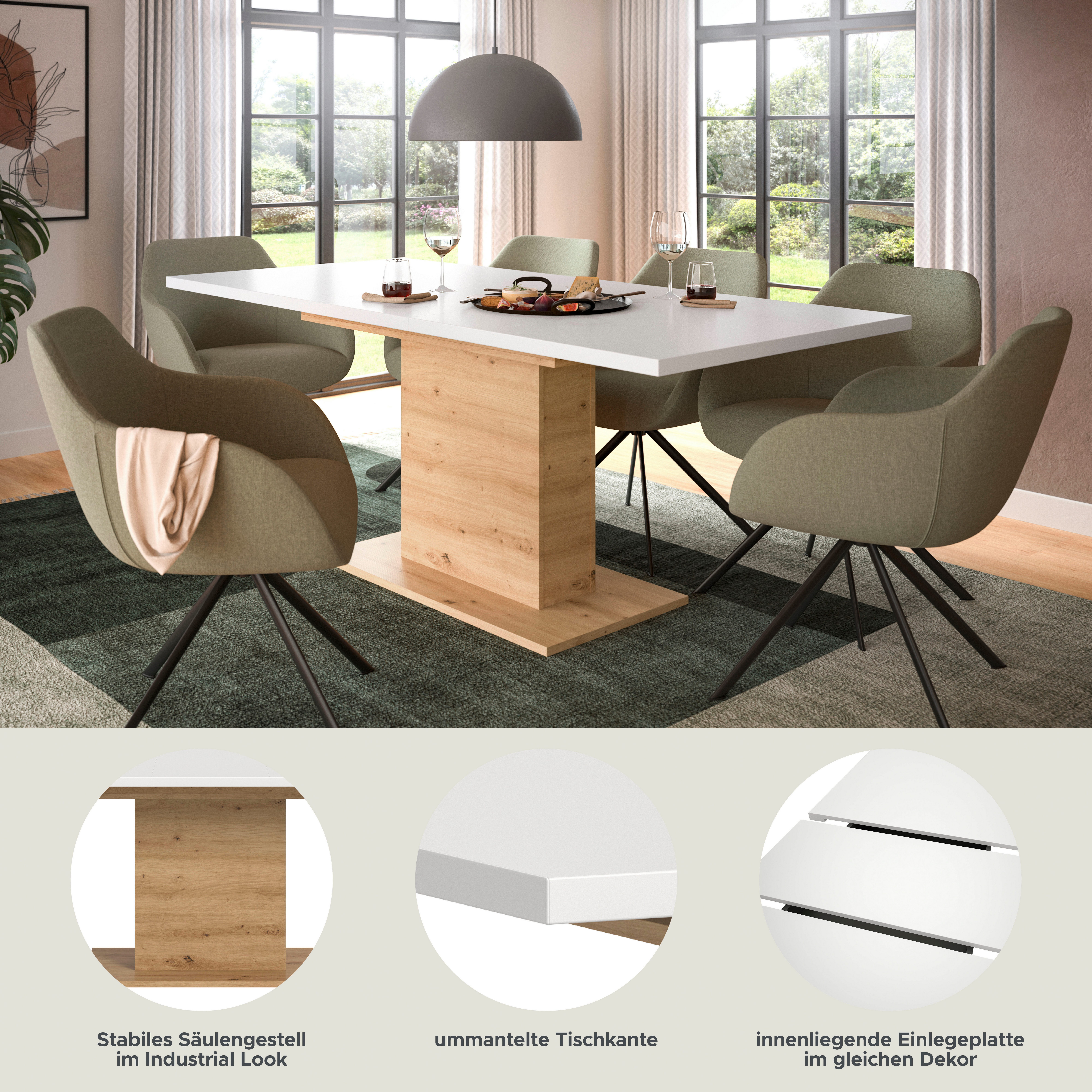 Home affaire Esstisch Motus, ausziehbar 150 -190 cm, inklusive 40 cm Einlegeplatte (Set, 1-St), Säulengestell mit Bodenplatte, Tisch, Küchentisch, Esszimmer, Küche