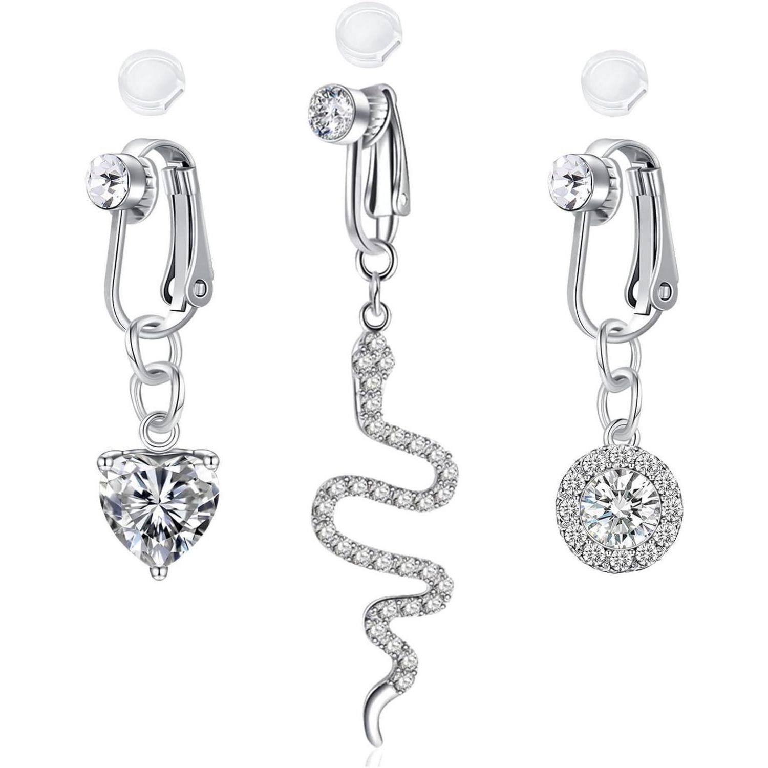 LAURITAMI Bauchnabelpiercing-Set 3er Set Fake Bauchnabelpiercing Edelstahl Silikon-Pads Gold Silber