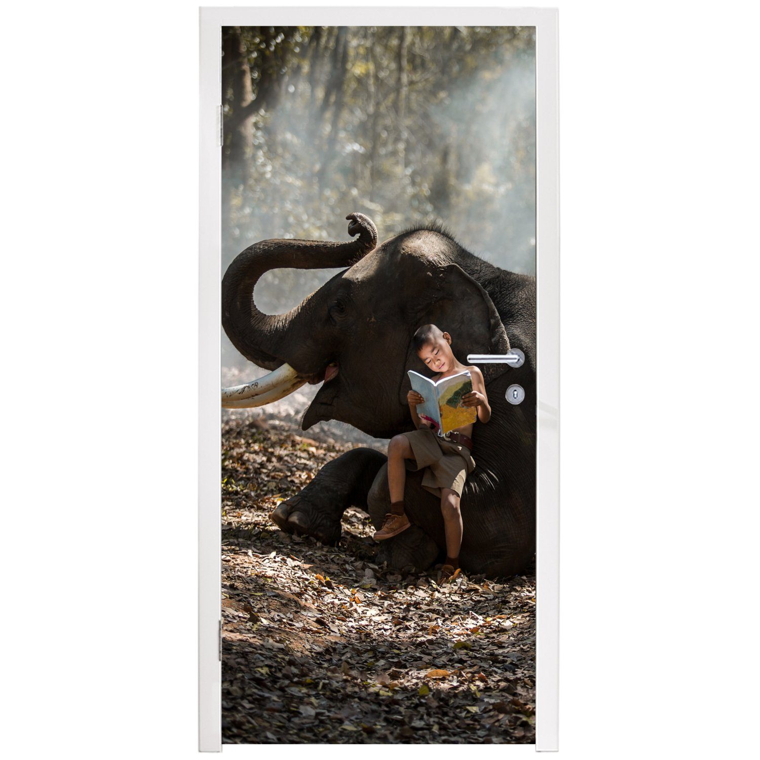 75x205 - Buch Elefant bedruckt, (1 Türtapete Tür, Matt, - Fototapete Wald Junge - - Türaufkleber, Natur, Tiere MuchoWow - St), cm für