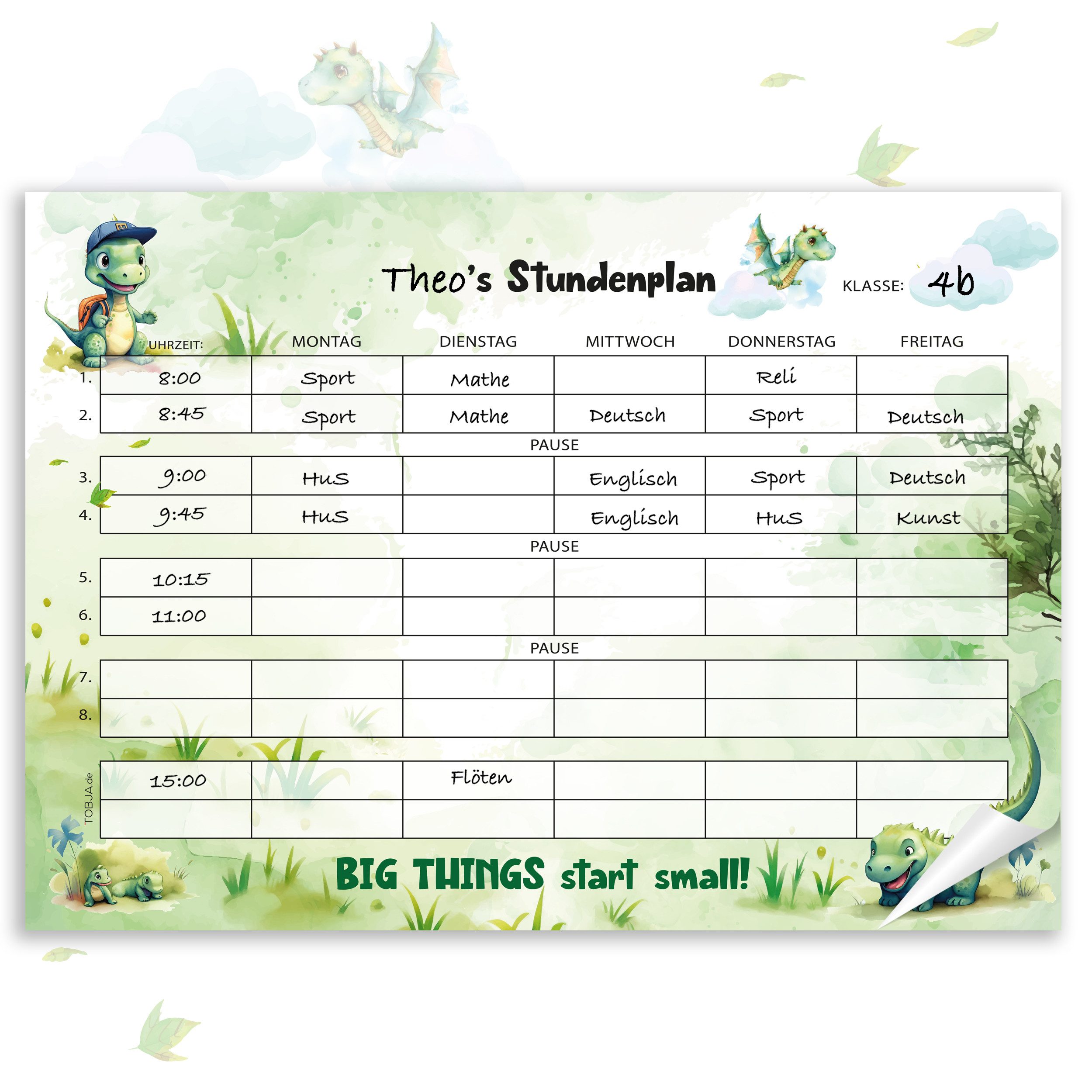TOBJA Настенный календарь Stundenplan Dino Drache - Block 25 Seiten, Stundenplan 1. Klasse, Füllung Schultüte Jungen u. Mädchen