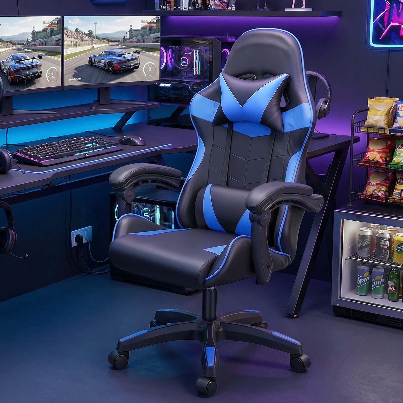 oyajia Gaming-Stuhl Gaming Stuhl, Bürostuhl Ergonomisch Wippfunktion bis zu 135° (mit Kopfstütze und Lendenkissen), Rückenlehne und Sitzfläche kippbar,Gamingstuhl mit Höhenverstellung