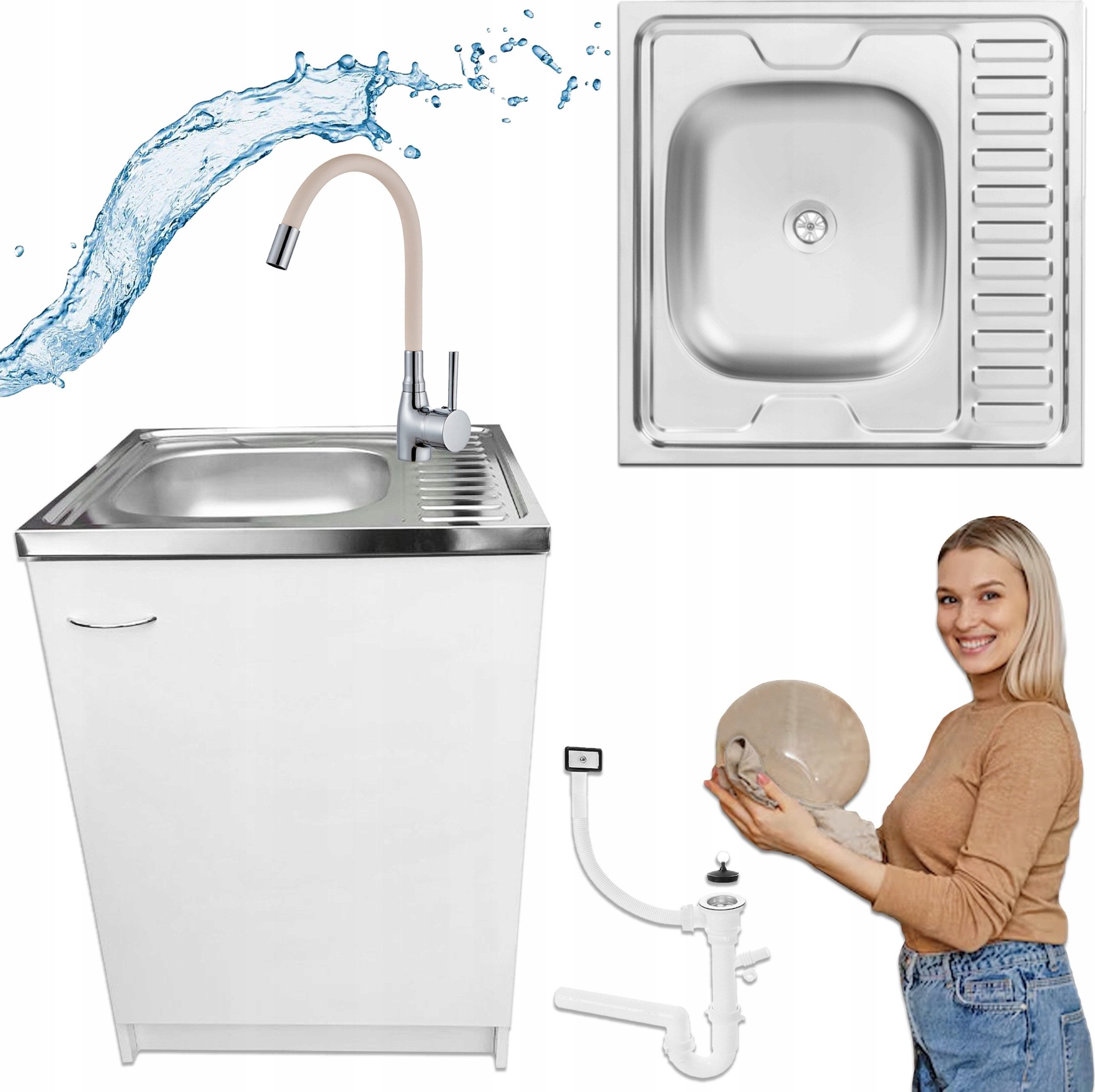 STAMAR Spülenschrank Küchenschrank 60cm Weiß Spüle Reversibel Flexarmatur Beige Siphon Standschrank 60cm Tiefe Geschirrspüler Komplett Montagefertig Set