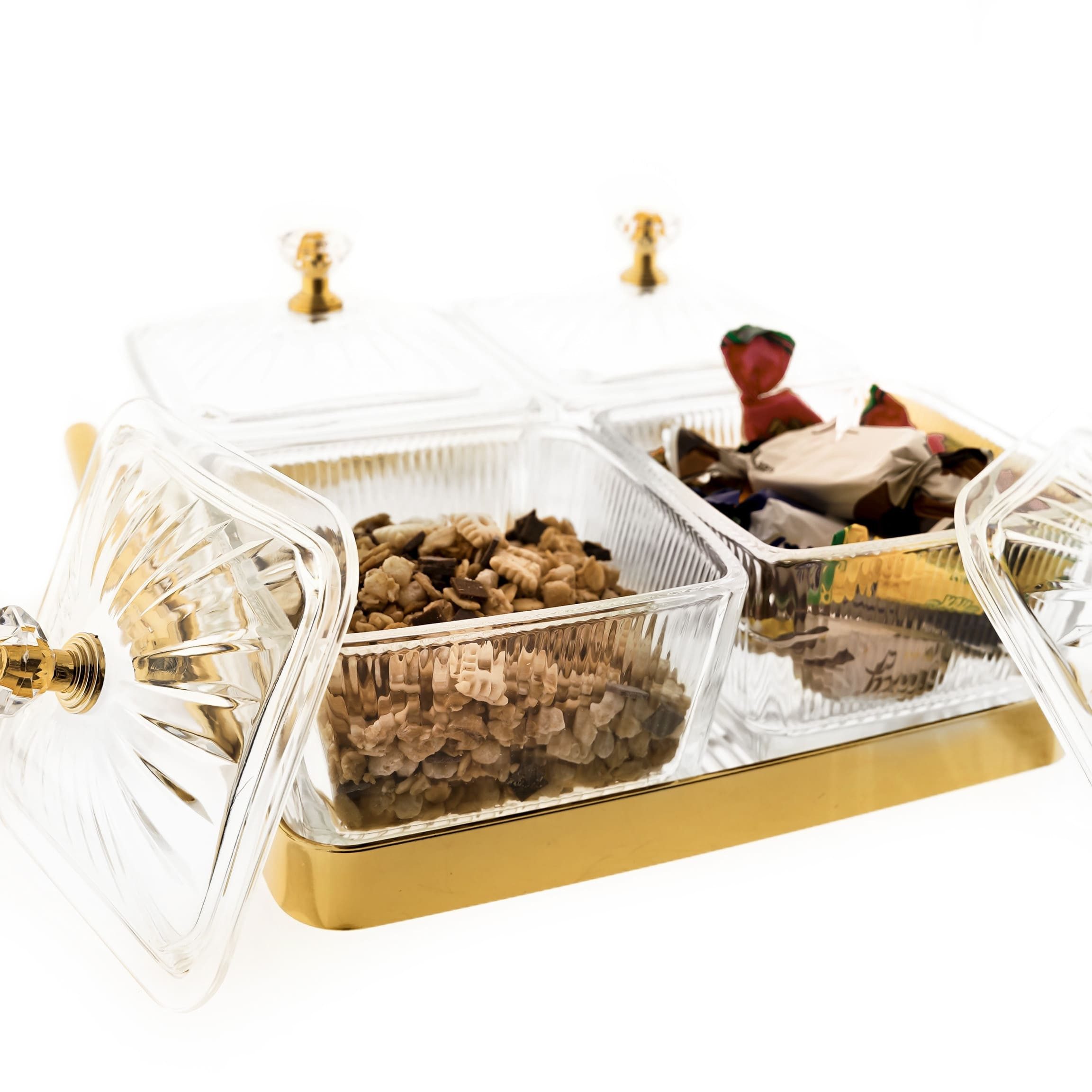 Almina Snackschale 9-teiliges Set aus Glas mit goldenem Serviertablett & Knaufdeckel, (9-tlg)