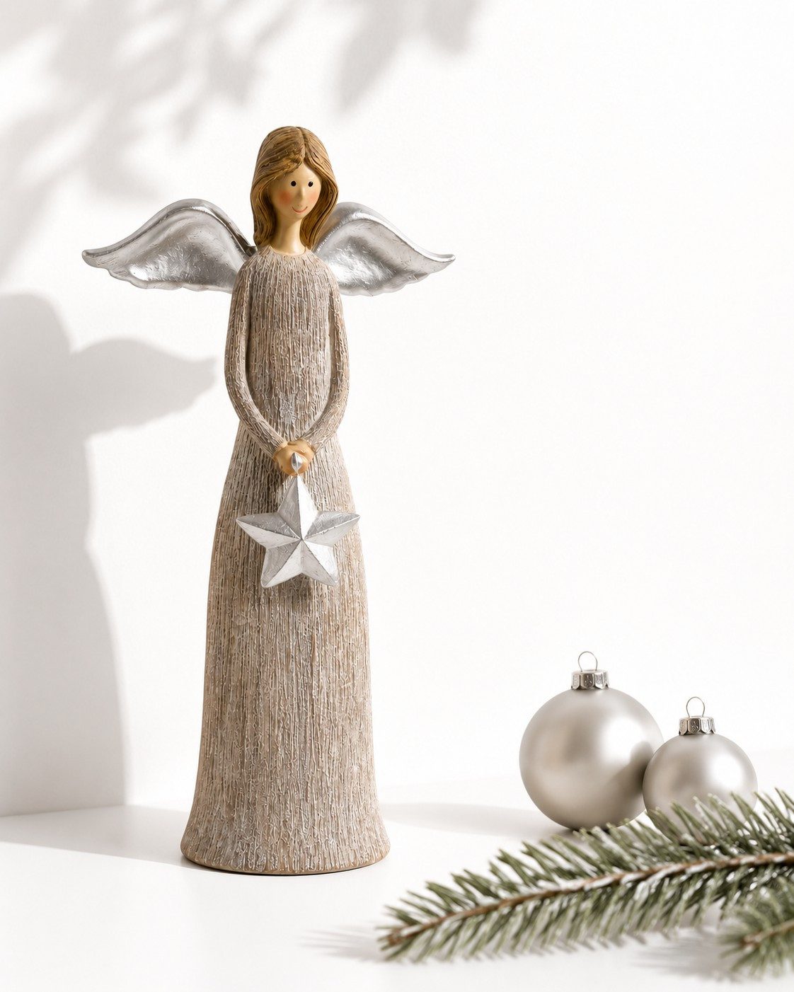 Kunstgewerbe Gehlmann Engelfigur Engel mit Stern Polyresin 25 cm Silber Weihnachtsfigur Dekofigur