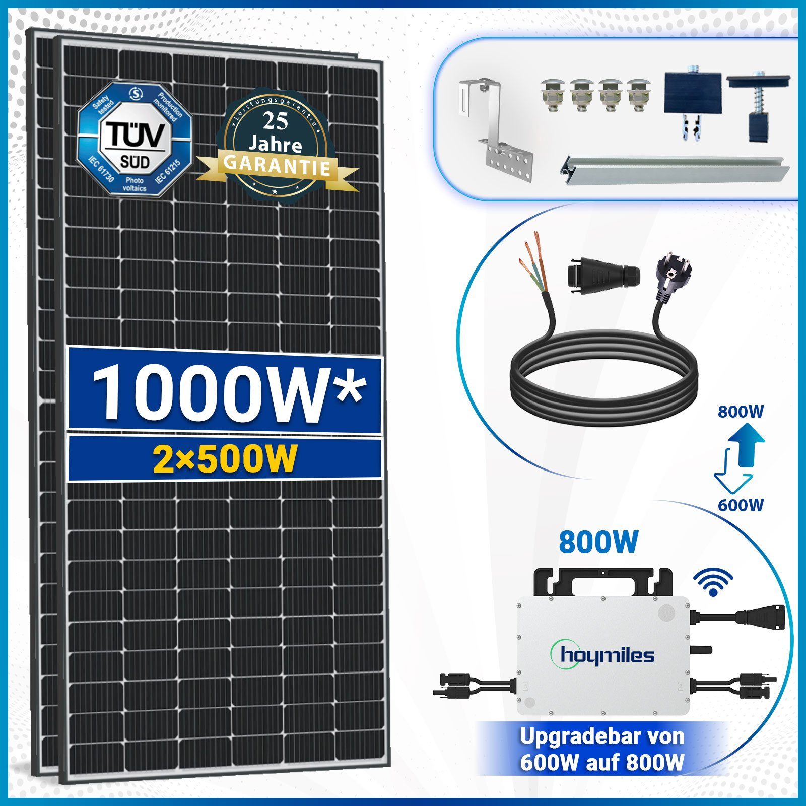 inkl. Solarmodule, Wechselrichter, Hoymiles 1000W 500W und Komplettset Schukostecker Upgradefähiger WIFI SOLAR-HOOK PV-Montage HMS-800-2T 10M Balkonkraftwerk Solaranlage Ziegeldach etm