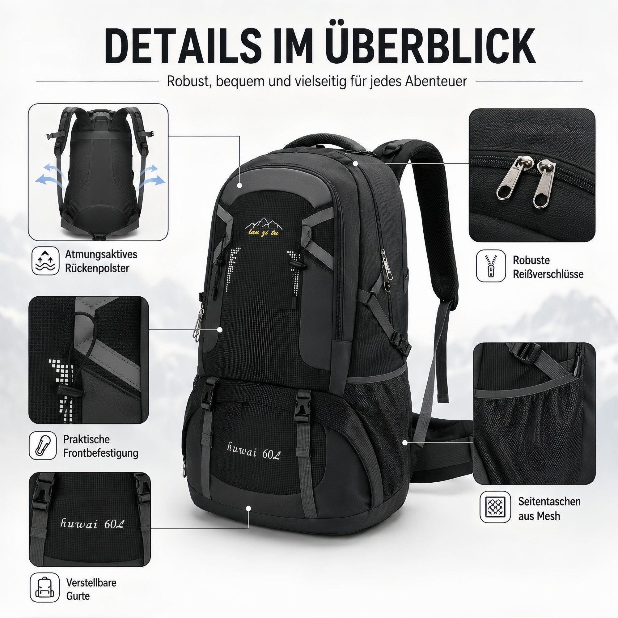 ibettertec Wanderrucksack Wanderrucksack 60L, Fahrradrucksack Radrucksack Fahrradrucksäcke (Sportrucksäcke Wander-Rucksack Motorradrucksack Biker-Rucksack, Wanderrucksack Trekkingrucksack Bergrucksack, wasserdichter), Herren & Damen mit Helmnetztasche,Trinkblasen können platziert werden