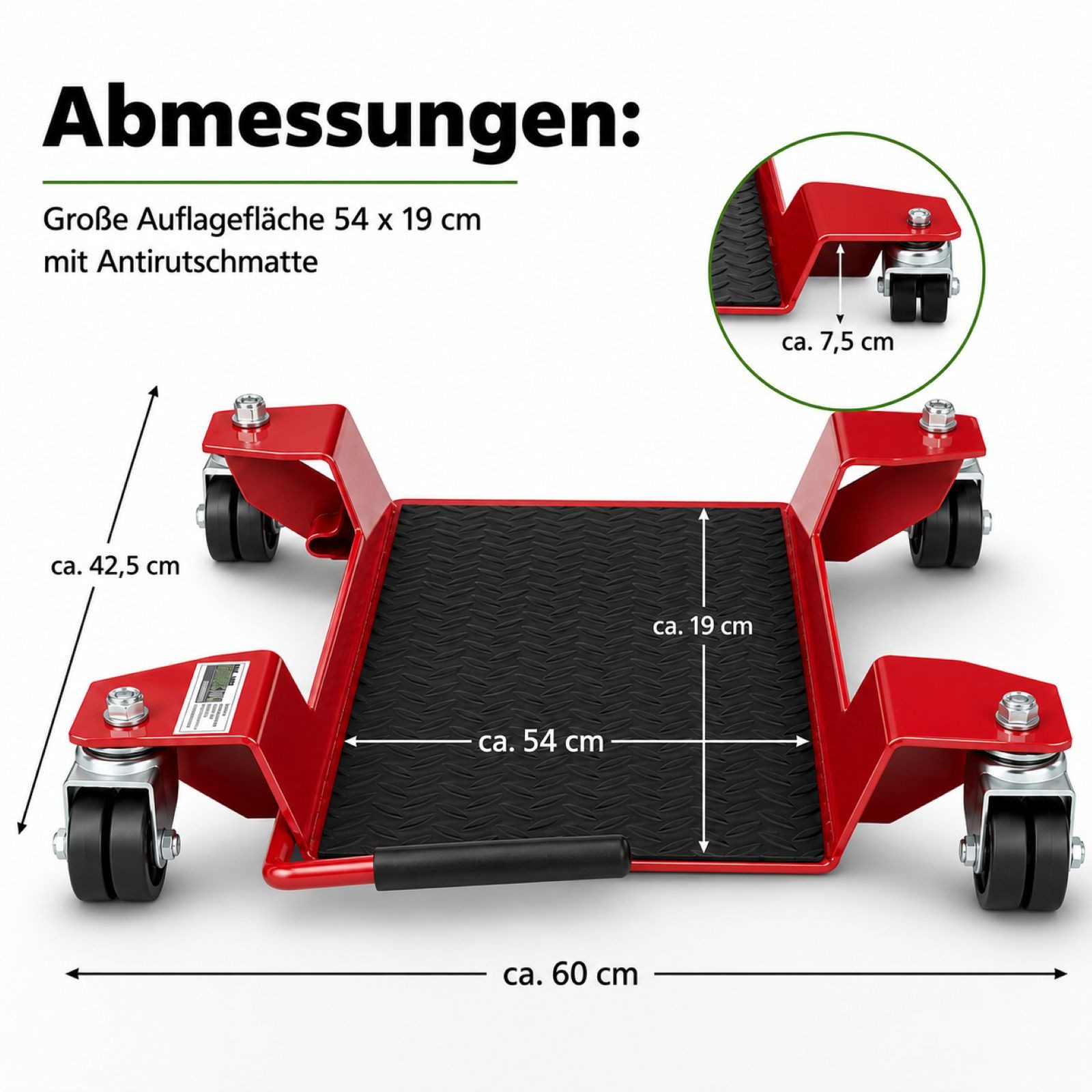 TRUTZHOLM Transportroller Rangierhilfe für Motorrad mit Ständer rot Rollwagen Rangierplatte, (1 Stück), 54x19 cm Last bis 250kg – Bild 3 von 5