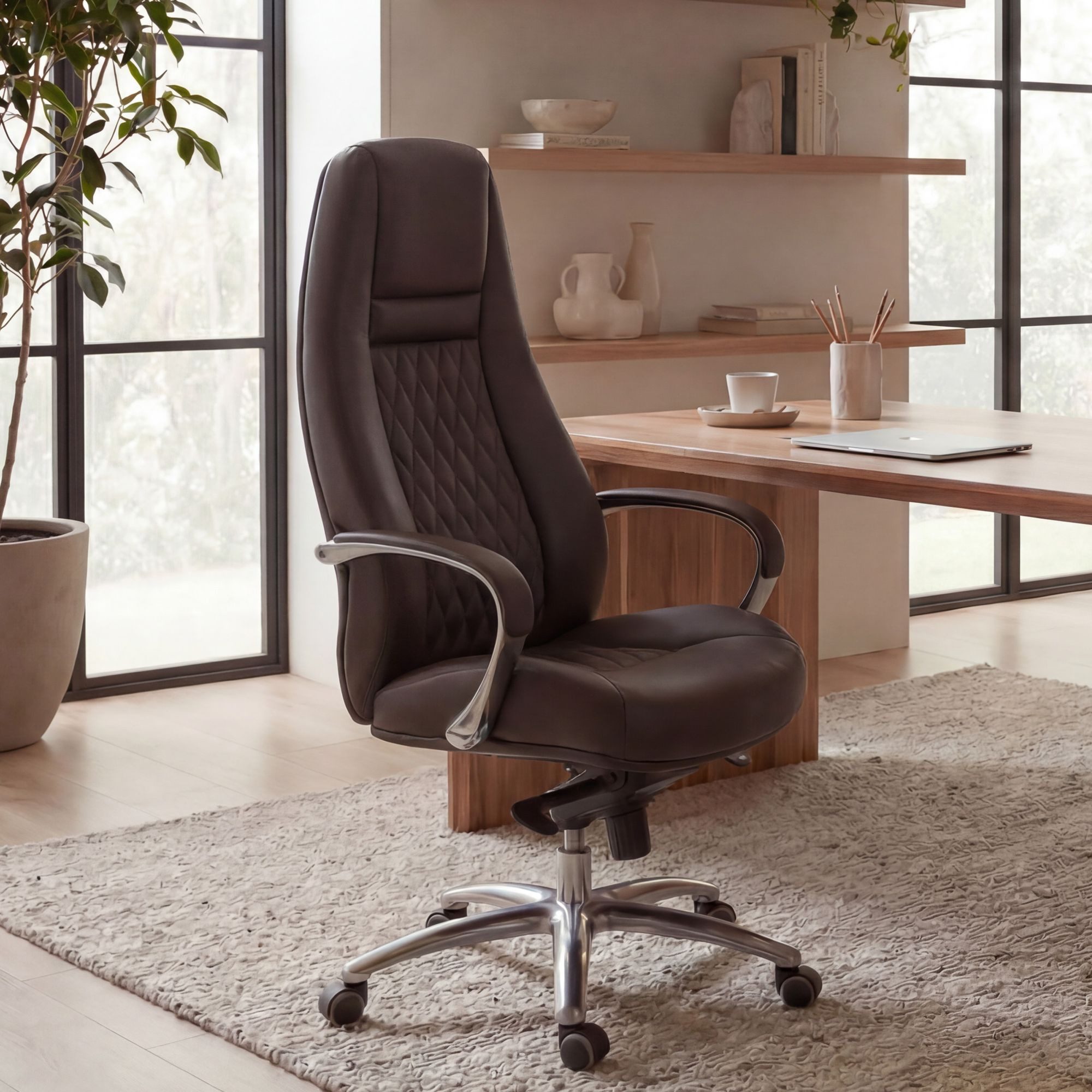 FINEBUY Chefsessel Bürostuhl Echtleder Schreibtischstuhl ergonomisch Drehstuhl (Bürostuhl AUSTIN Echtleder Braun 120 kg), Schreibtischstuhl Hohe Rückenlehne mit Kopfstütze