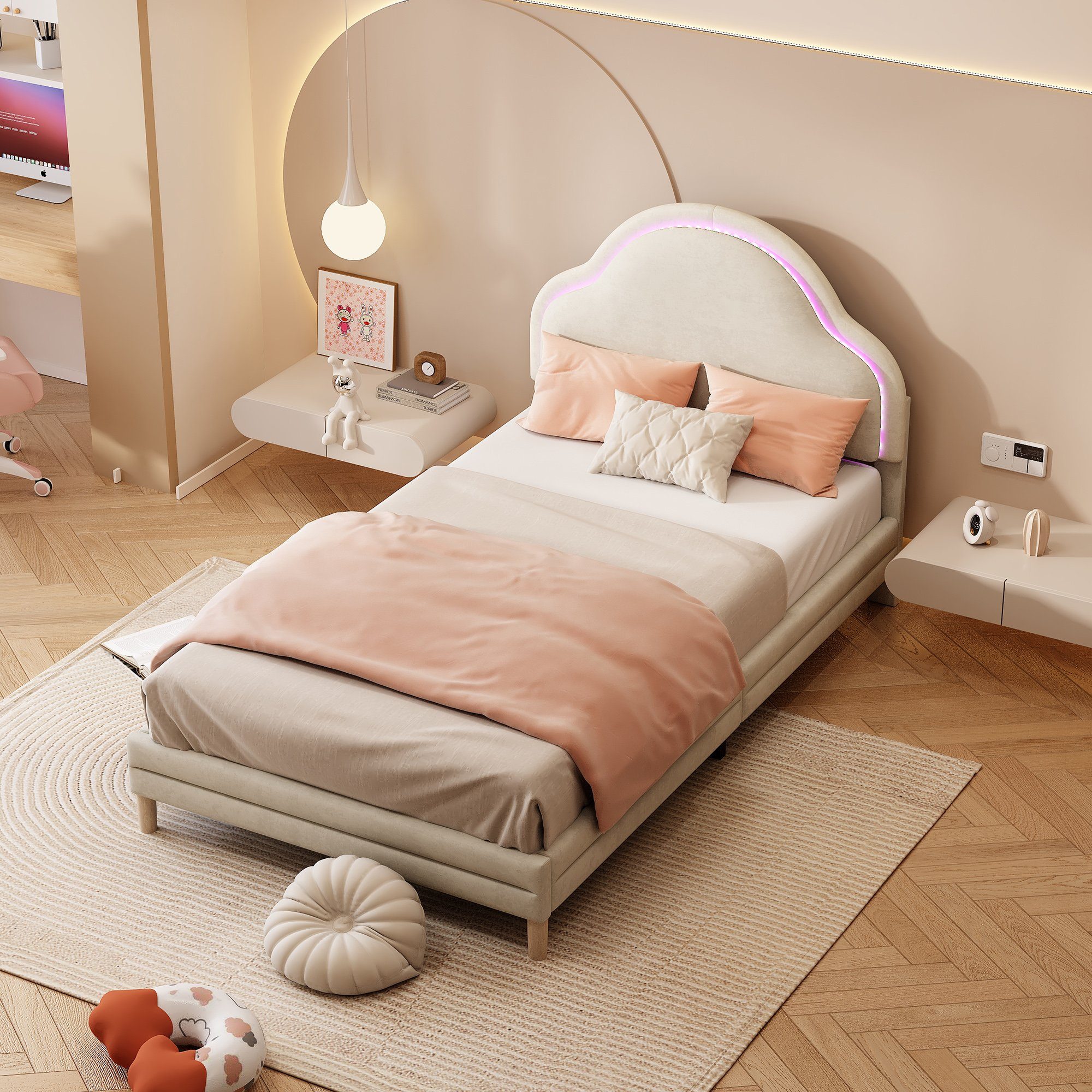 HAUSS SPOLE Polsterbett 90x200cm mit Kopfteil in Wolkenform und LED-Streifen, Samt, Beige