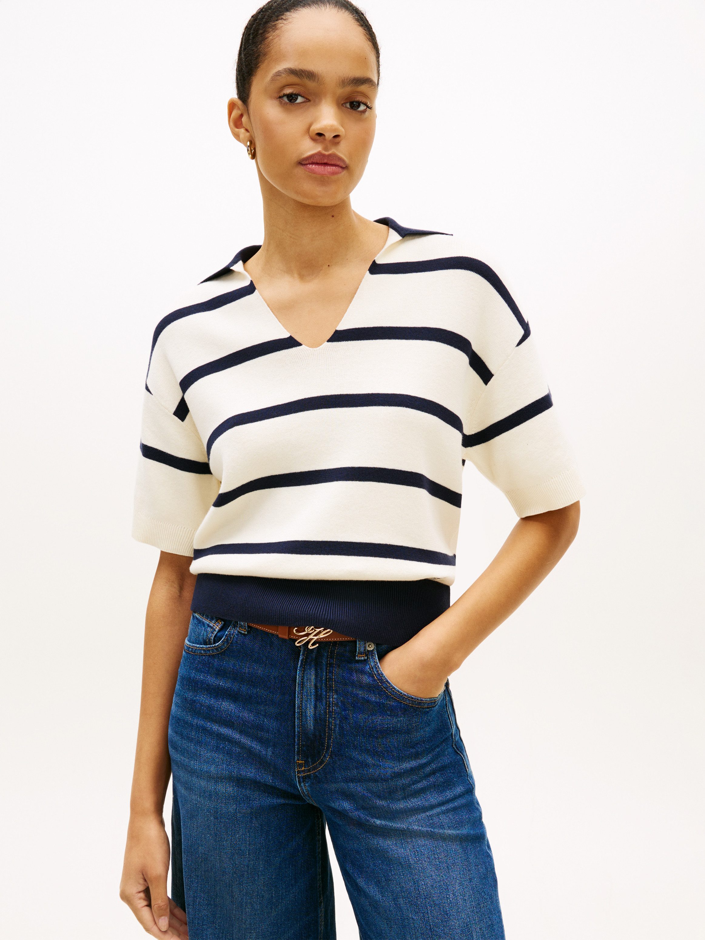 Tommy Hilfiger Strickpullover CO FULL NEEDLE POLO SS SWT mit V-Ausschnitt