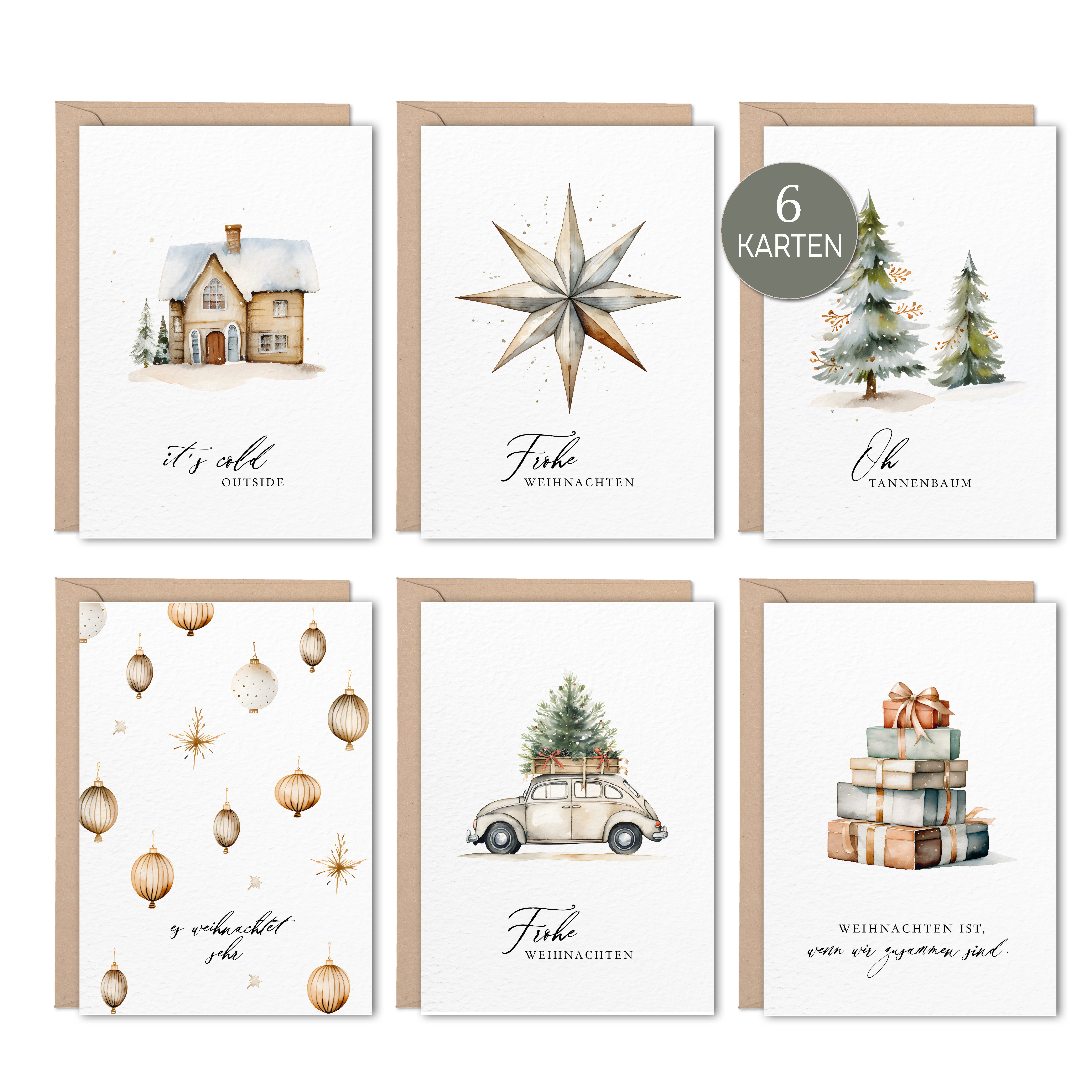NORDEULE Grußkarten Weihnachten im 6er Set mit Umschläge, ideal für Grüße Weihnachtsgeschenke Adventskalender DIY Kundenpräsente