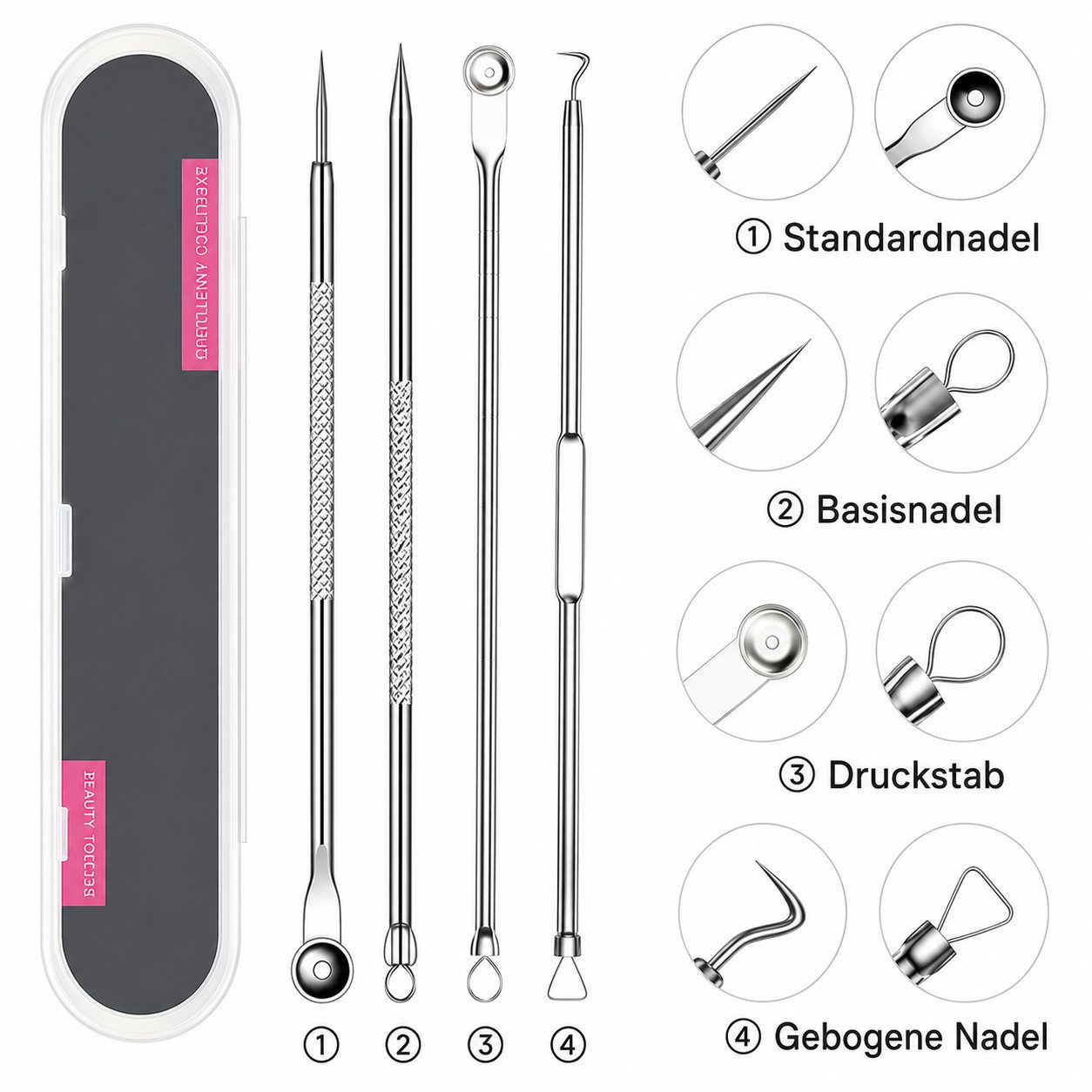COOL-i ® Mitesserentferner Mitesserentferner Set 4-tlg.,mit Aufbewahrungsbox, Komedonenwerkzeuge aus verchromtem Kohlenstoffstahl