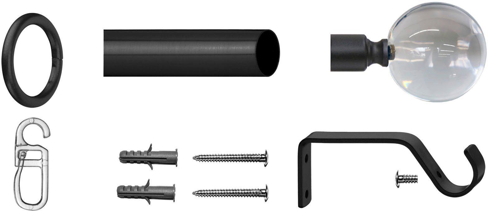 indeko Gardinenstange Kugel Glas klar, Ø 16 mm, 1-läufig, Fixmaß, verschraubt, Stahl, Komplett-Set inkl. Ringen und Montagematerial – Bild 2 von 3
