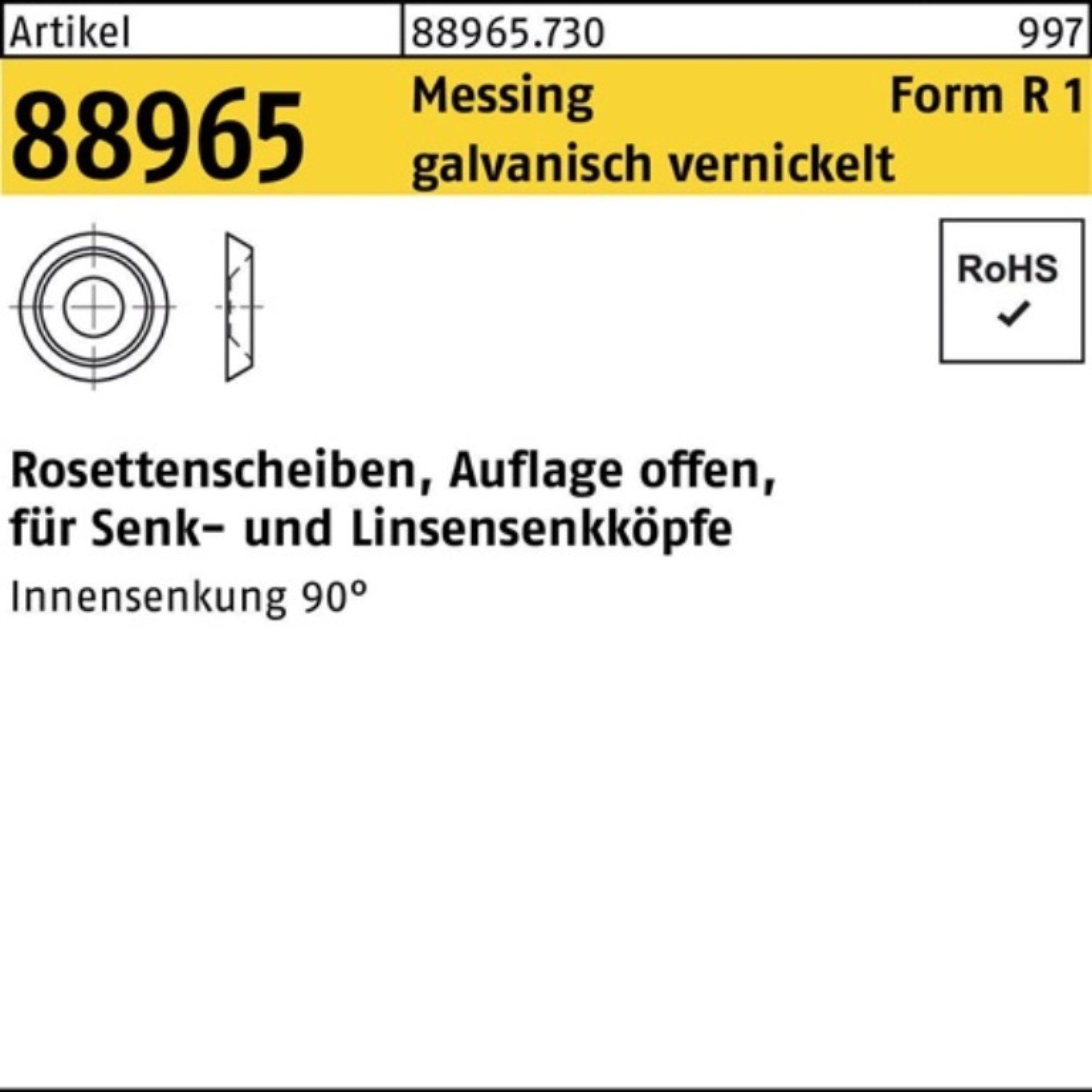 Reyher Rosette 100er Pack Rosettenscheibe R 88965 offen 7,0x12,5x3,2 Messing galv. ve