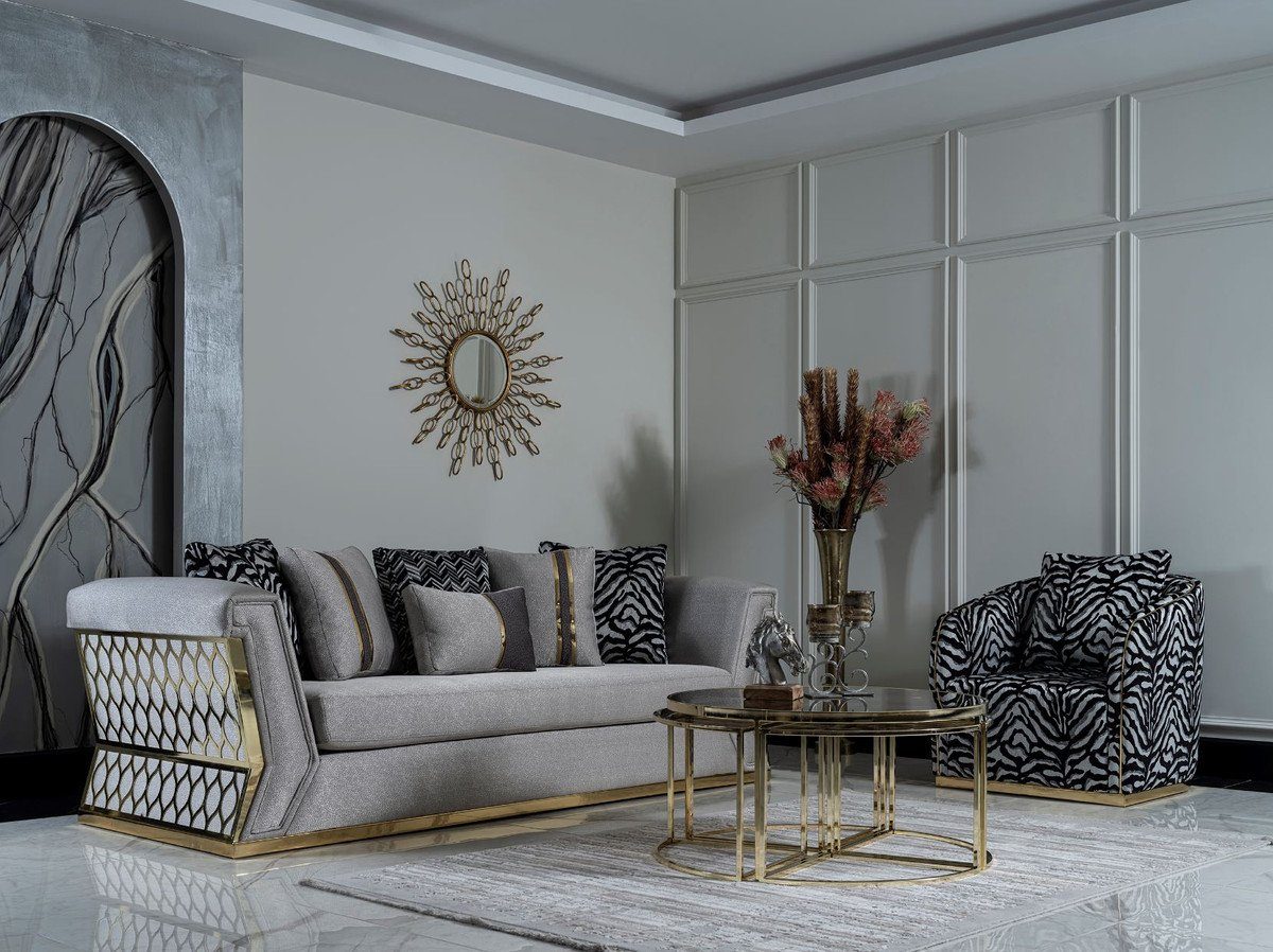 Casa Padrino Sofa Luxus Sofa - Elegantes Luxus Gold / mit Grau Sofa Kissen Wohnzimmer - Wohnzimmer Möbel dekorativen