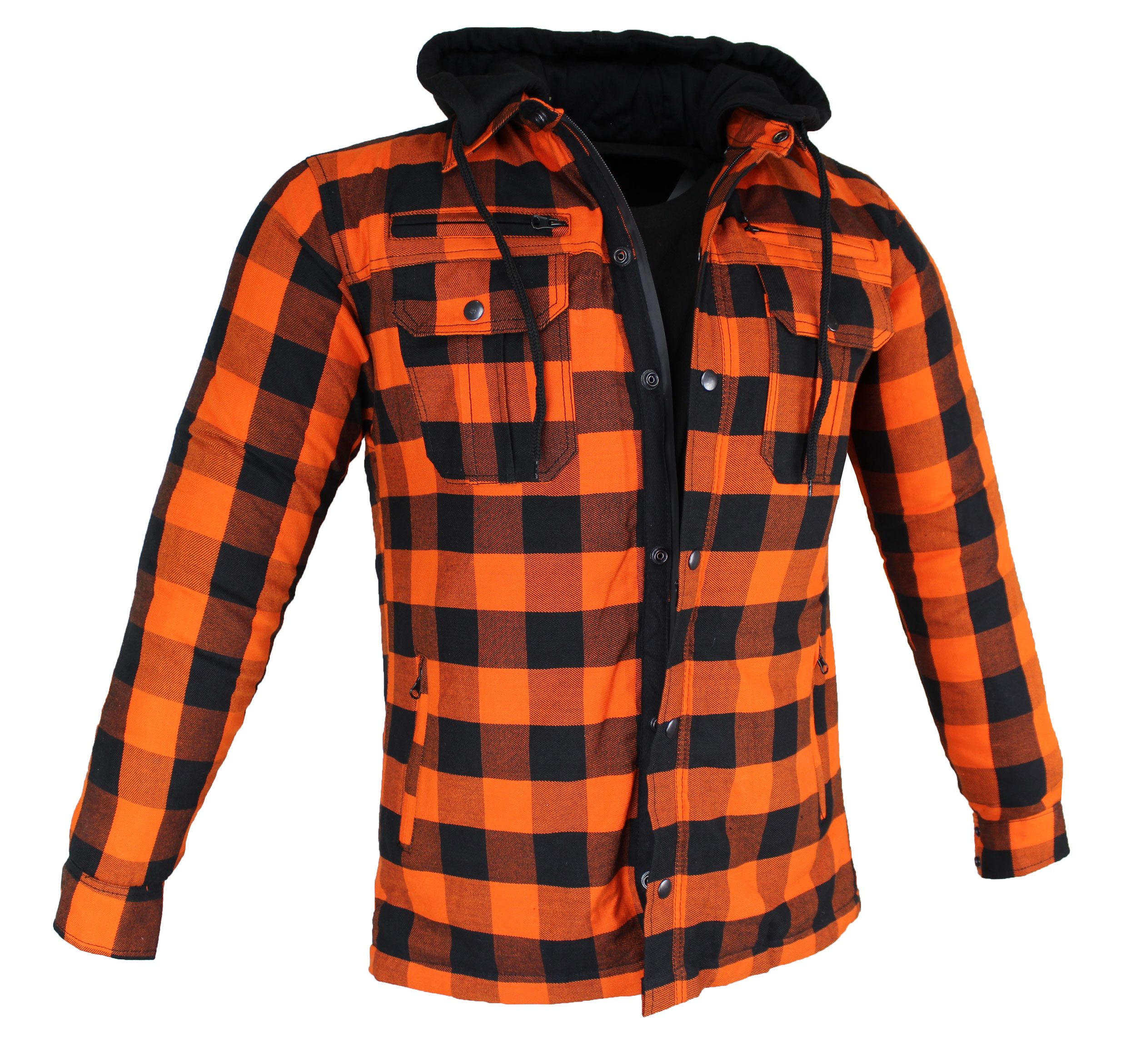 Alpha Speeds Motorradjacke Flanell-Holzfäller Motorrad KEV ARAMID Lumber-Biker Hemd PRO Orange (Wasserdicht & Winddicht & Atmungsaktiv + wasserdichte Reißverschlüsse) mit abnehmbare Kapuze & Innenjacke, All Season, inklusive Protektoren