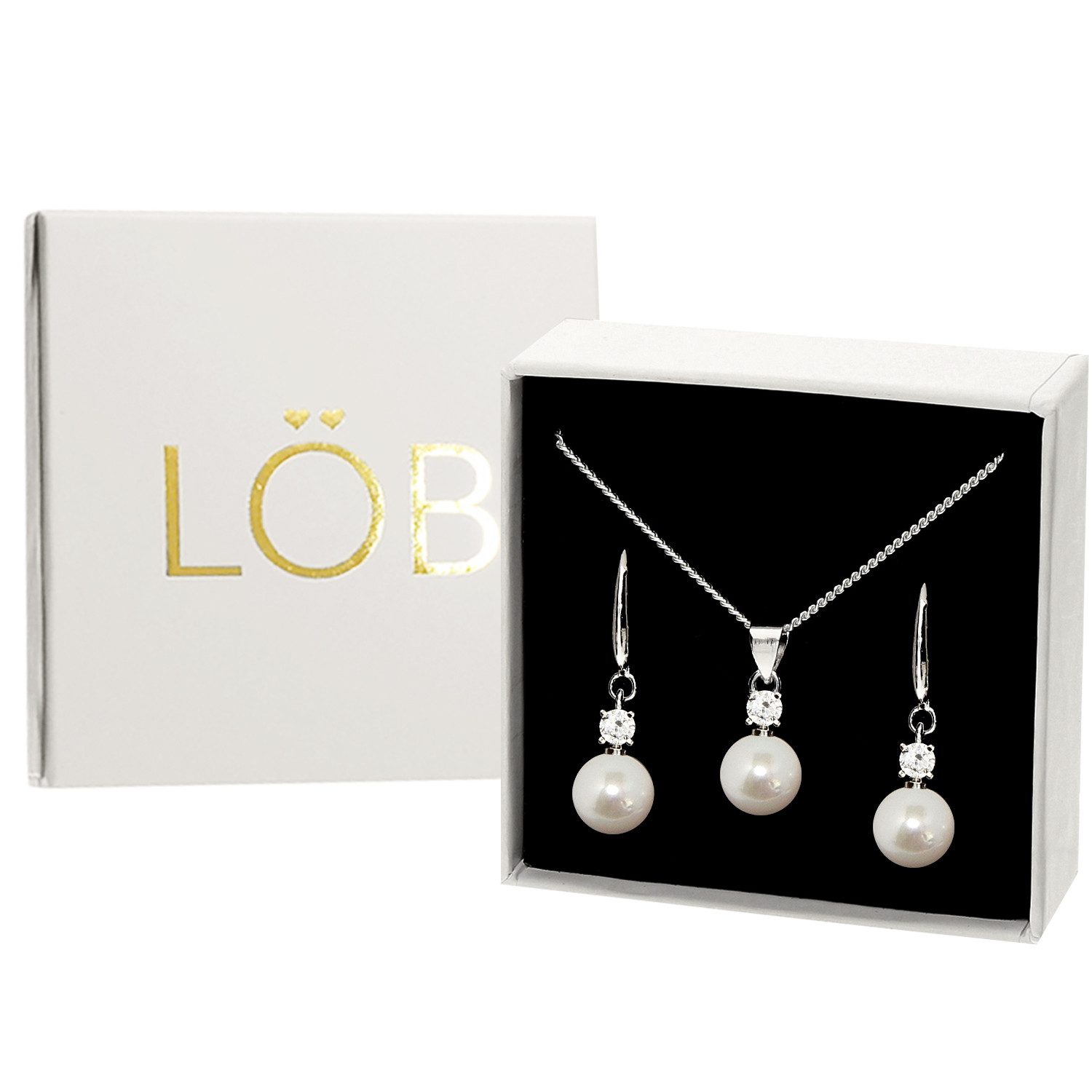 LÖB Ohrring und Ketten Set Halskette Ohrringe Hängend Zirkonia Tropfen Perlen Anhänger Set Silber (Geschenke für Frauen Beste Freundin Mutter Mama Damen Ehefrau sie zum Geburtstag Ostern Muttertag Muttertagsgeschenk, Inkl. Schmuckbox), Schmuckset Kette Perlenohrringe Perlenkette Ohrhänger Brautschmuck