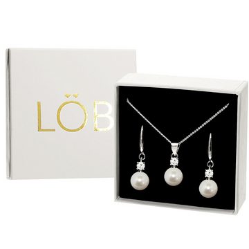 LÖB Ohrring und Ketten Set Halskette Ohrringe Hängend Zirkonia Perlen Set 925 Silber versilbert (Geschenke für Frauen Freundin Mutter Mama zum Geburtstag Muttertag Muttertagsgeschenk Brautschmuck Braut, Inkl. Schmuckbox), Damen Schmuckset Kette Perlenohrringe Perlenkette Ohrhänger Anhänger