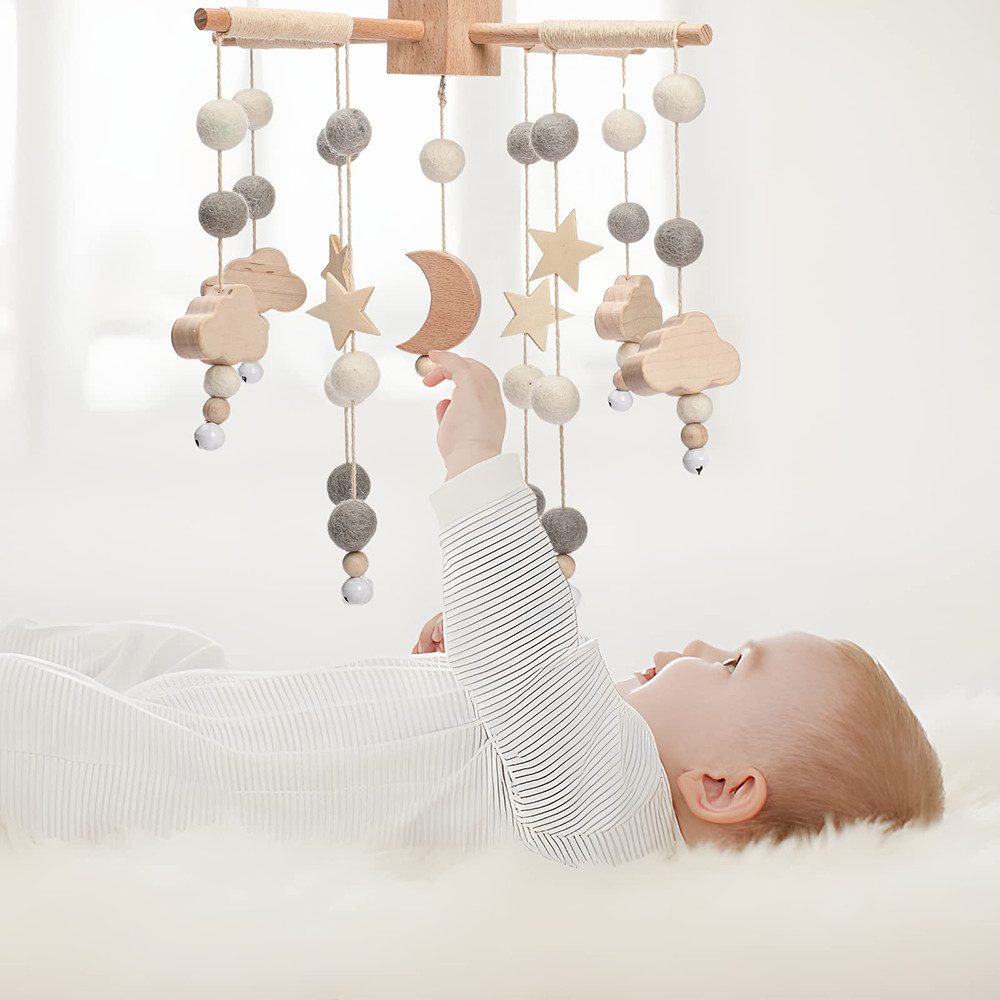 CLTYQ Mobile Holz Baby Mobile mit Sternen & Mond,Windspiel Rassel Babybett Mobile, Hängende Bettglocke für Kinderzimmer,Neugeborenen Geschenk