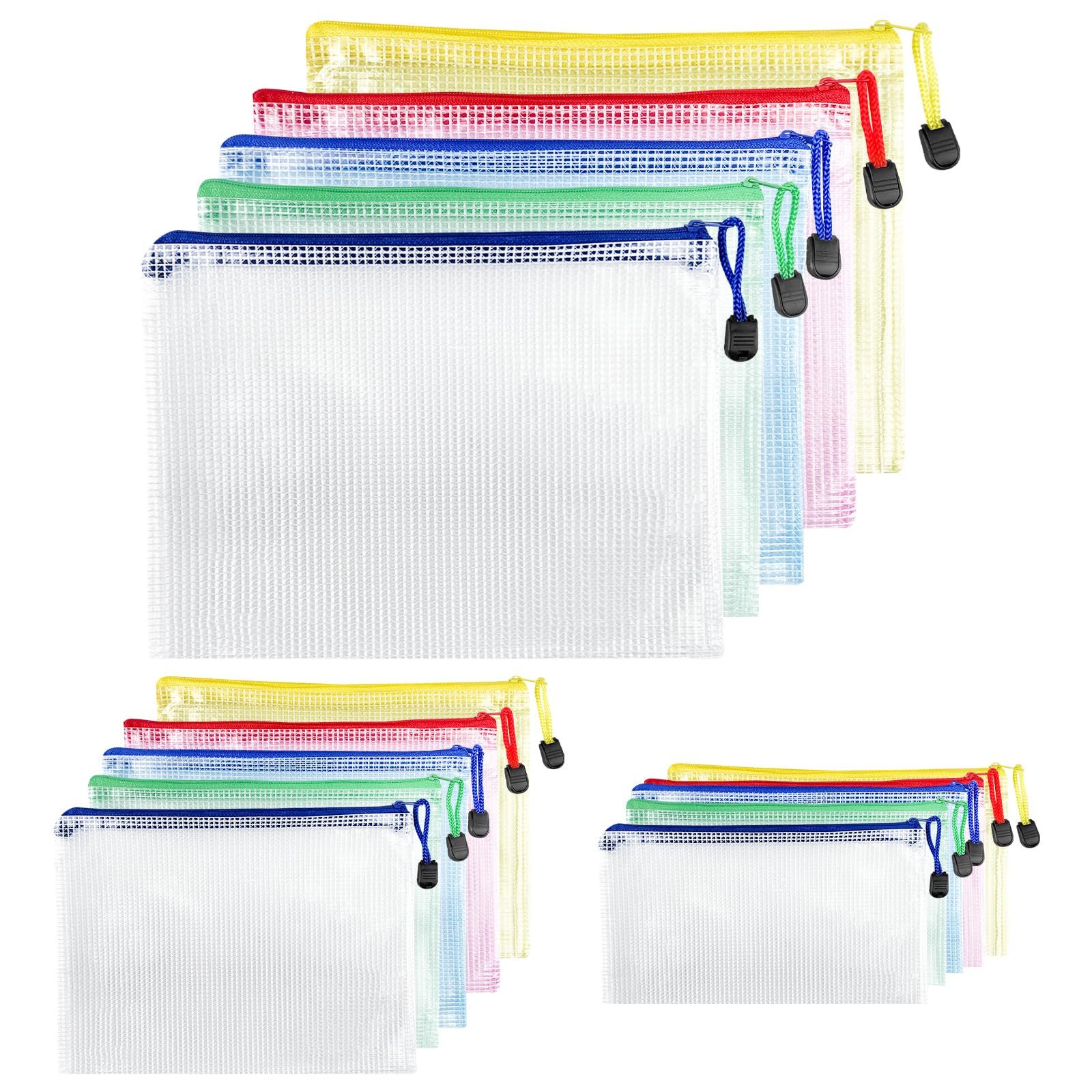 SURFOU Dokumententasche Dokumentenablage A4+A5+A6 Dokumentenmappe Zip Tasche 15 Stück (15 Stück wasserdichte Dokumententaschen Durchsichtige Mesh-Dokumentenmappen aus PVC, 15-tlg., A4+A5+A6 Dokumententasche mit Reißverschluss, 5 Farben, 3 Größen), Feuchti
