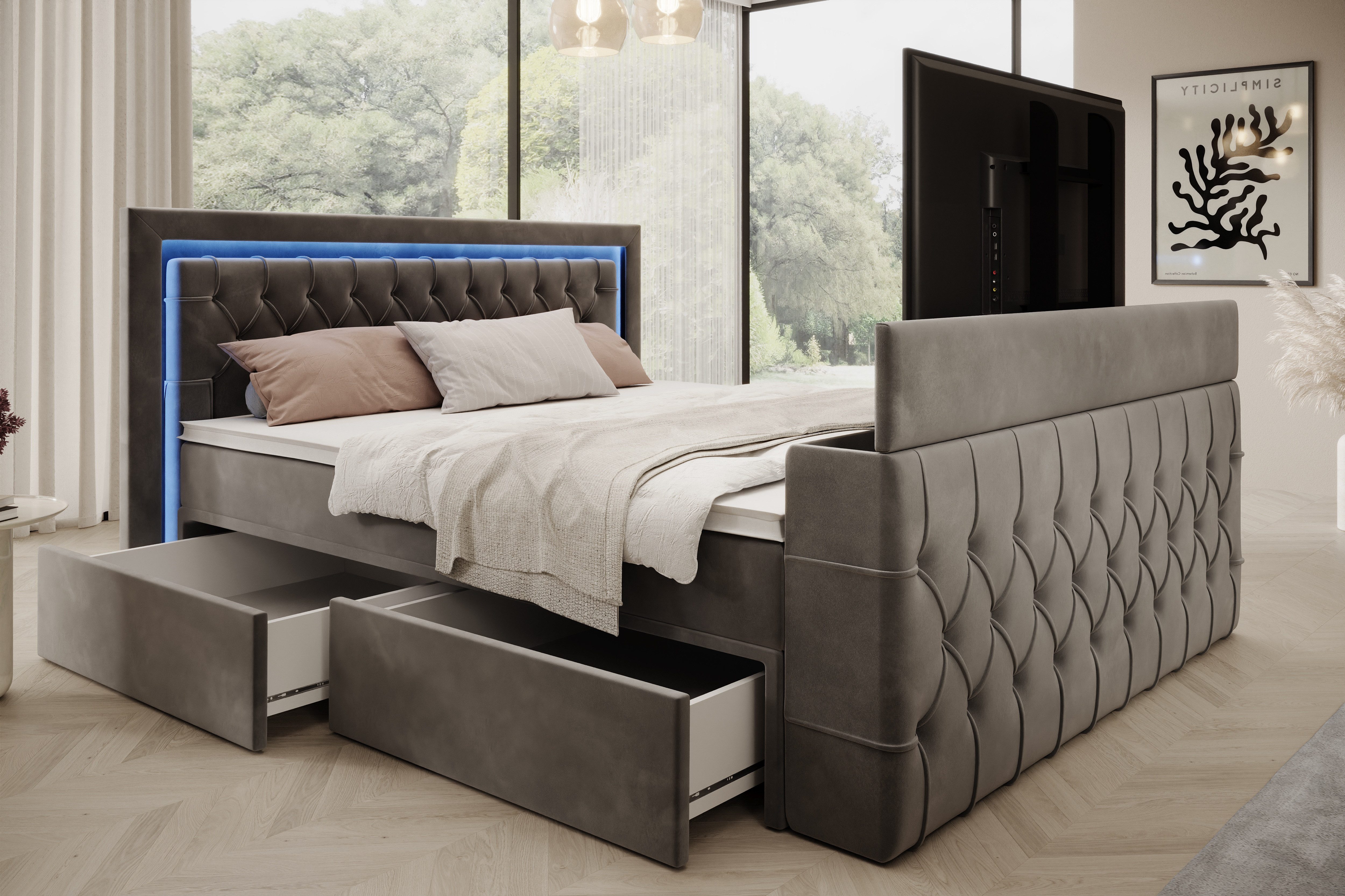 PROMETO Möbel Boxspringbett Doppelbett 180x200 mit Matratze, Schubladen TV-Lift LED Beleuchtung, inkl. 7-Zonen-Taschenfederkernmatratze, TV-Lift im Fußteil, Topper