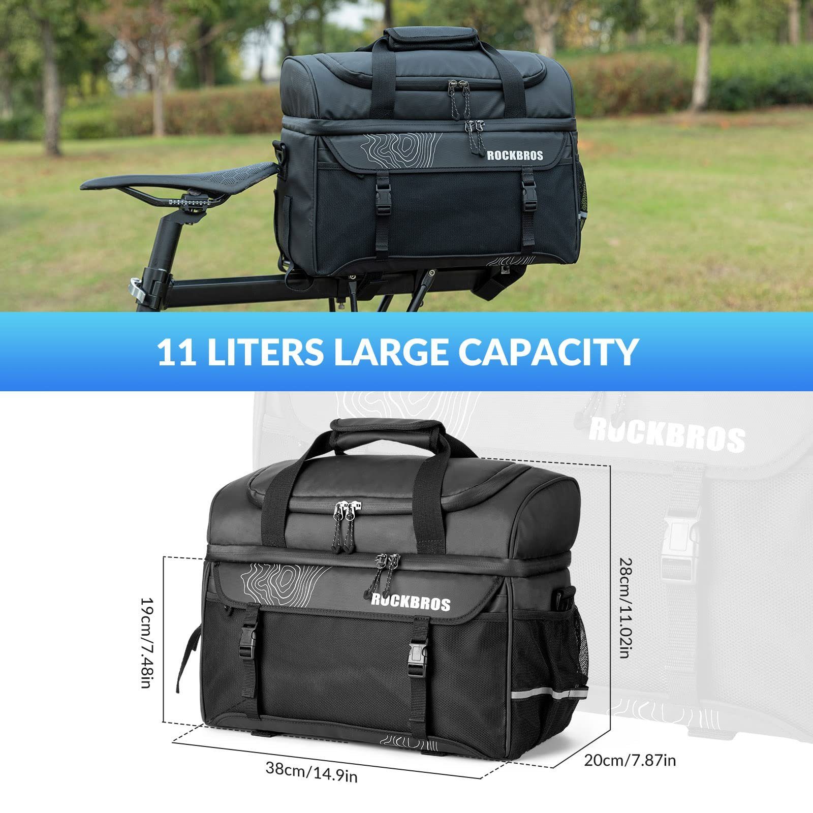 (Doppel-Fächern ROCKBROS Schwarz) Transporttasche Lunch Gepäckträgertasche 11L Schultergurt Isolierte Tasche mit Kühltasche