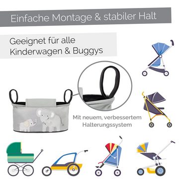 GLÜCKSWOLKE Kinderwagen-Tasche in Grau oder Schwarz I 6 Motive I Kinderwagentasche & Buggy Organizer, Kinderwagen Tasche mit Getränkehalter und Feuchttücherfach