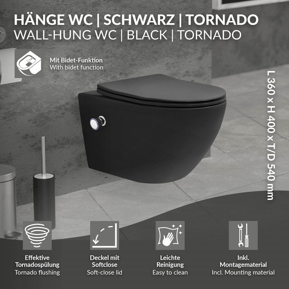 LuxeBath Tiefspül-WC Spülrandloses Wand Hänge WC aus Keramik, mit WC-Sitz Absenkautomatik, Toilette lang mit Bidet-Funktion & Nano Beschichtung Tornadospülung