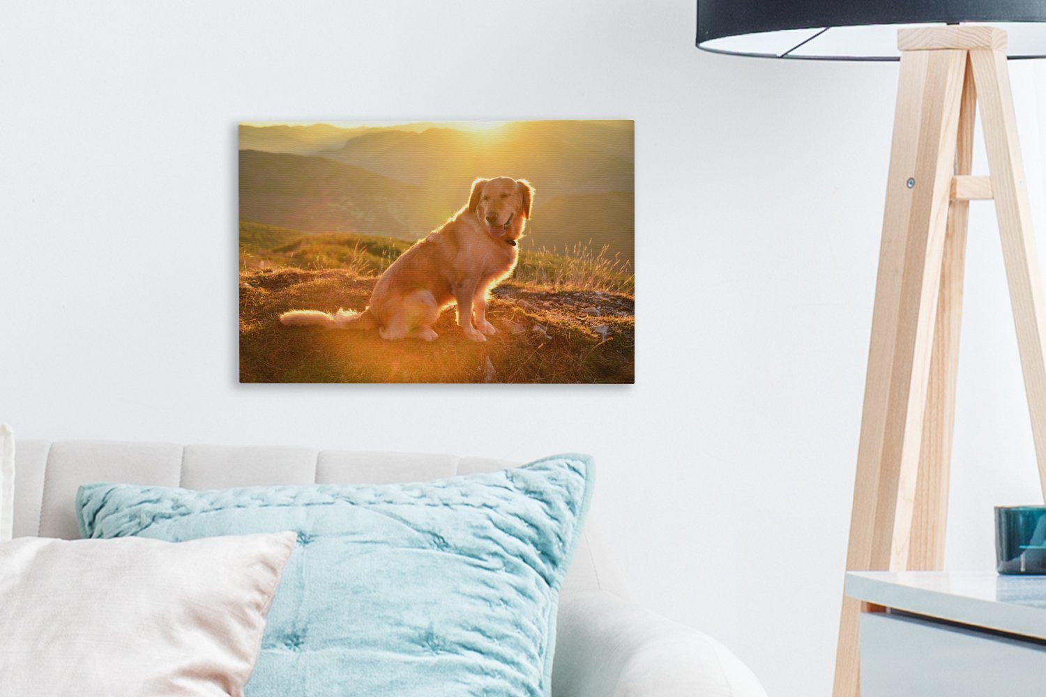 Wanddeko, Aufhängefertig, 30x20 über einem Leinwandbilder, cm St), glänzen Golden Wandbild Sonnenstrahlen OneMillionCanvasses® Retriever, (1 Leinwandbild