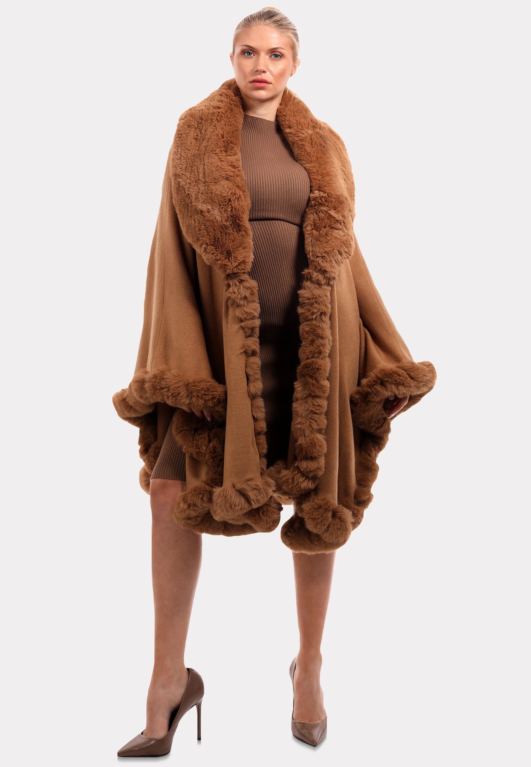 "Edler camel Unifarbe (1-St) Poncho mit Poncho & YC Luxuriösem Fashion Fließender Style in Kunstpelz-Besatz"