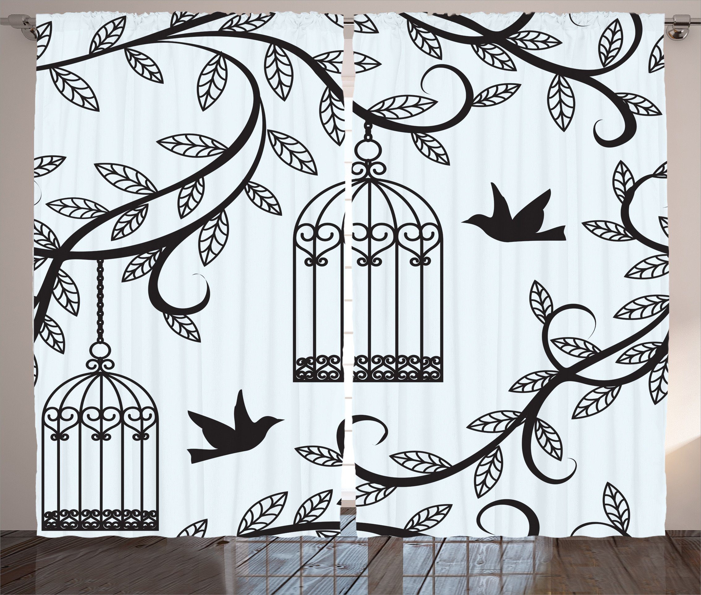 Gardine Schlafzimmer Kräuselband Vorhang mit Schlaufen und Haken, Abakuhaus, Vögel Zweig der Blumenbaum