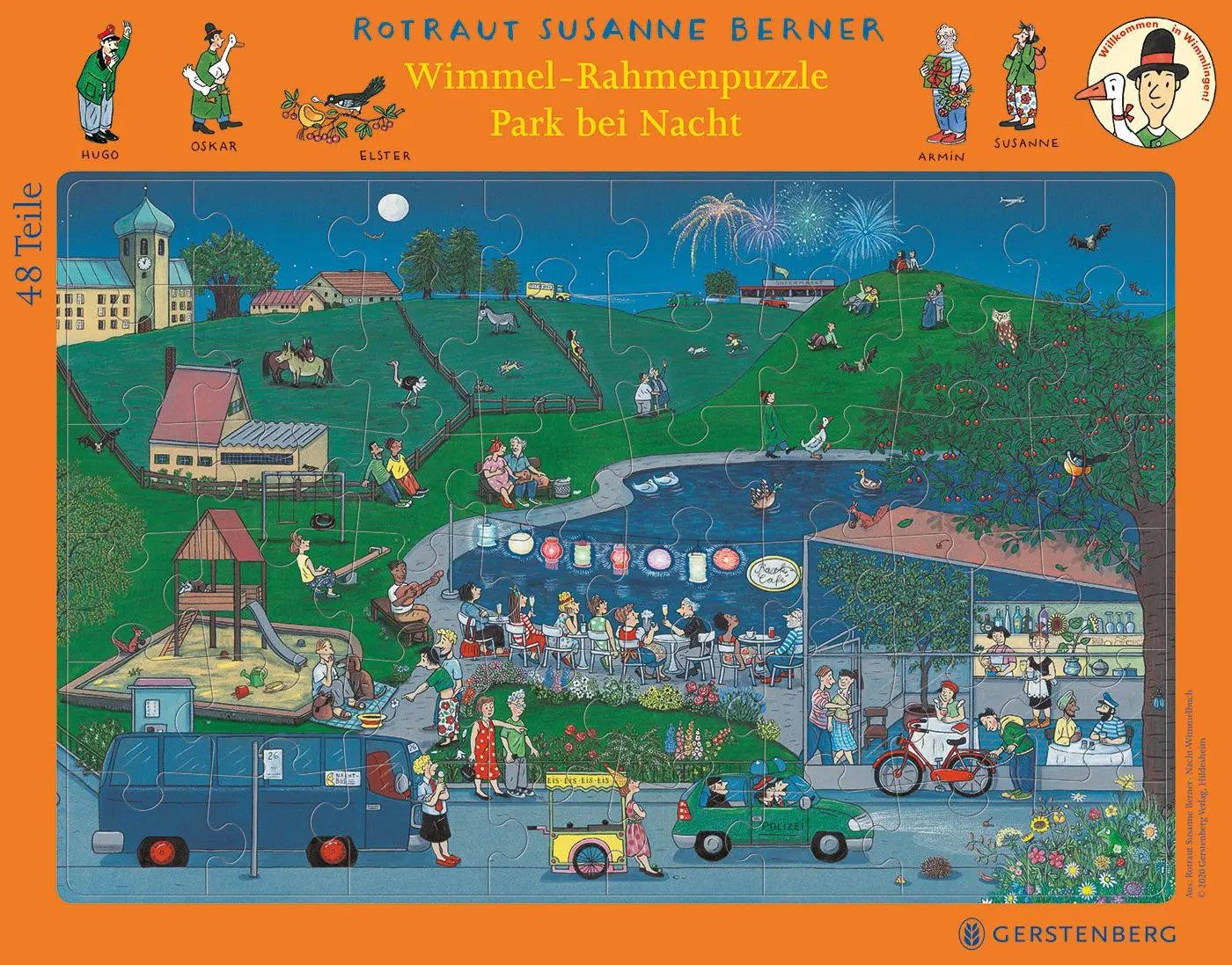 Gerstenberg Verlag Puzzle Wimmel-Rahmenpuzzle Nacht Motiv Stadtpark 48 Teile, 48 Puzzleteile