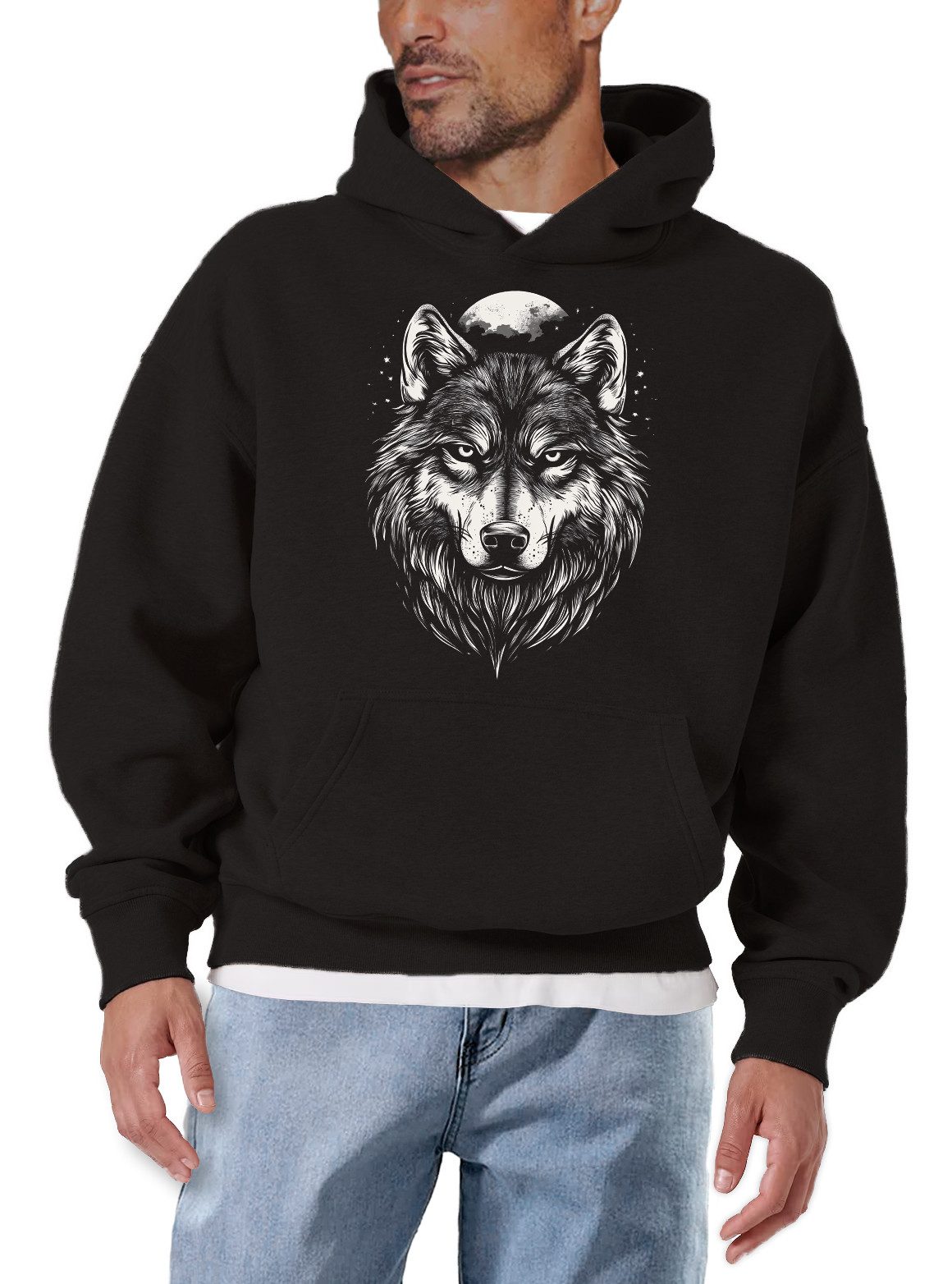 MAKAYA Kapuzenpullover mit Wolfsmotiv Wikinger Wolf Mond Viking Sweatshirt günstig online kaufen