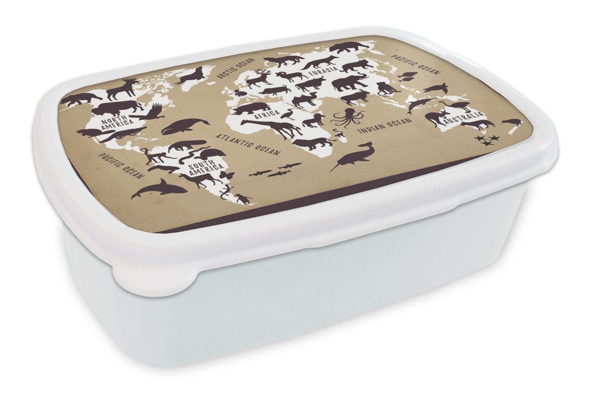 MuchoWow Lunchbox Weltkarte - Tiere - Braun, Kunststoff, (2-tlg), Brotbox für Kinder und Erwachsene, Brotdose, für Jungs und Mädchen weiß
