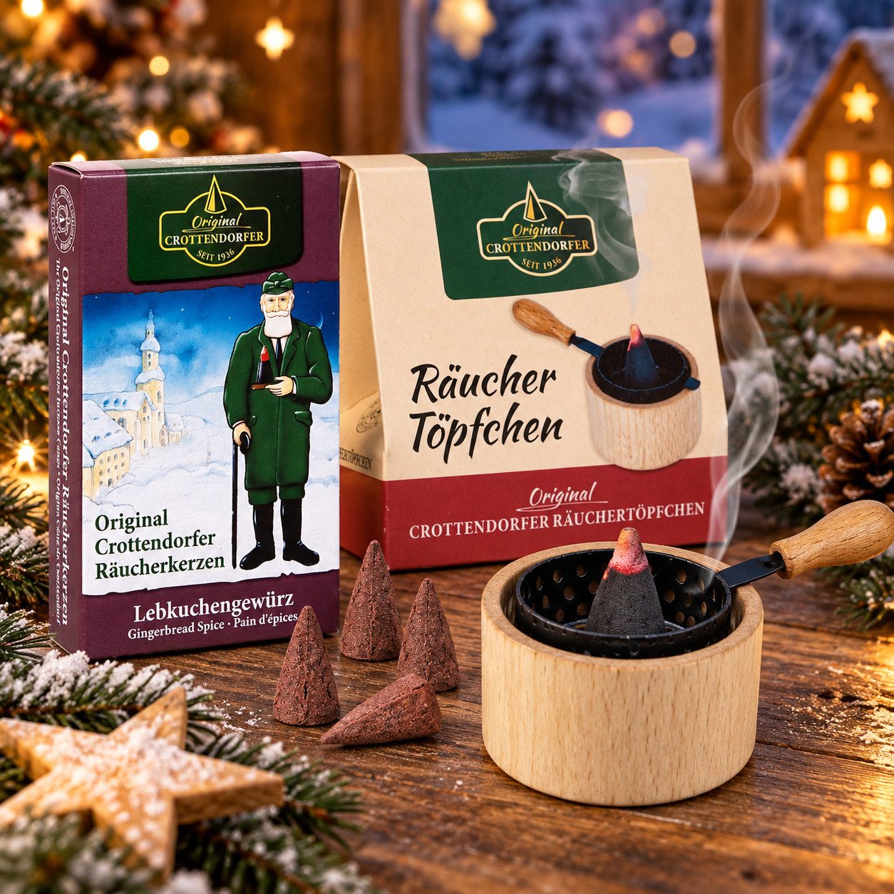 Crottendorfer Räucherkegel 2er-Set Räuchertöpfchen + Räucherkerzen Lebkuchengewürz (2er Set, 2-St., 1 x Räucherkerzen + 1 x Räuchertöpfchen), 100% Made in Germany