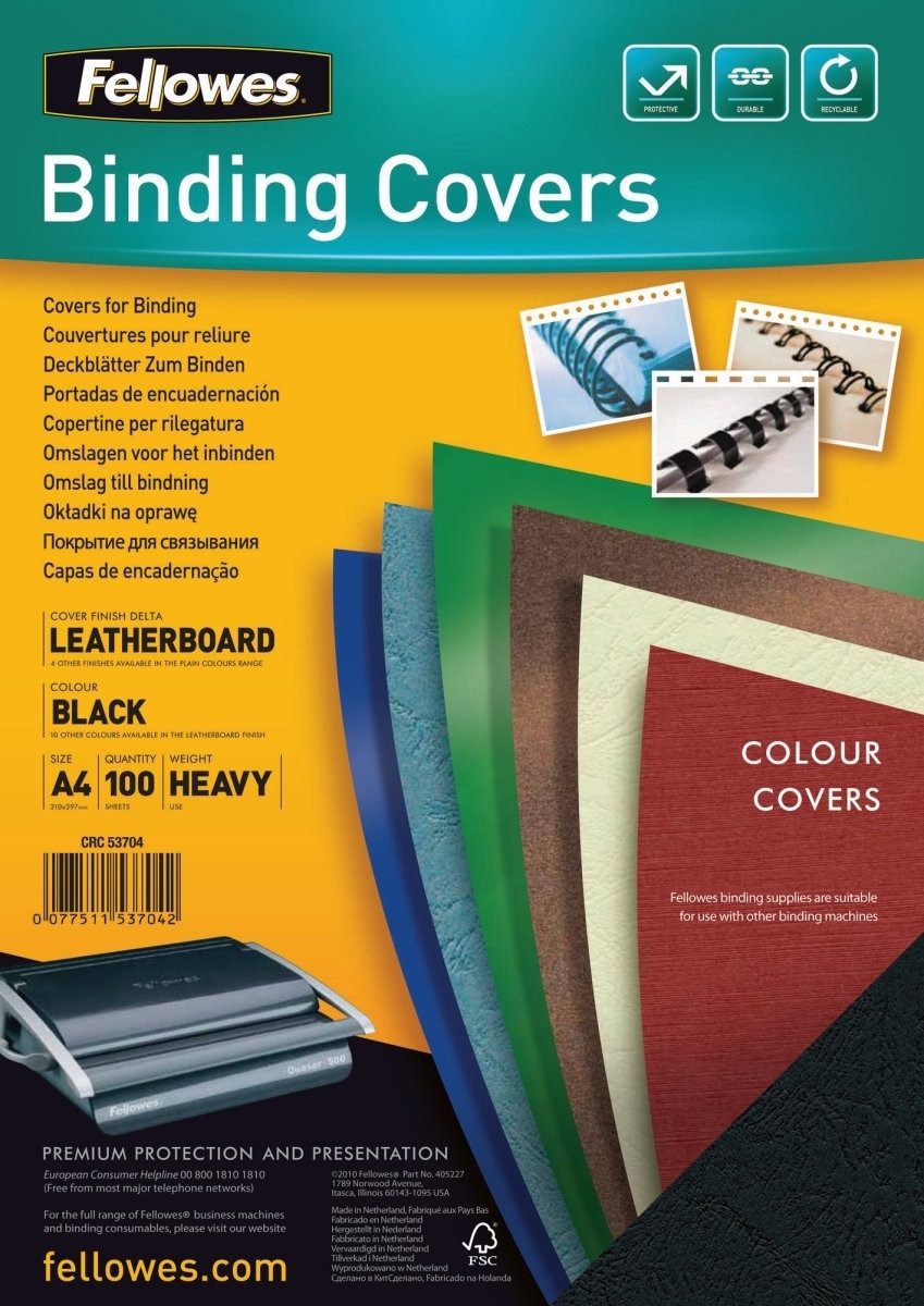 FELLOWES Thermo-Bindemappe Deckblätter A4 Lederstruktur 250g/qm VE=100 Stück schwarz, (