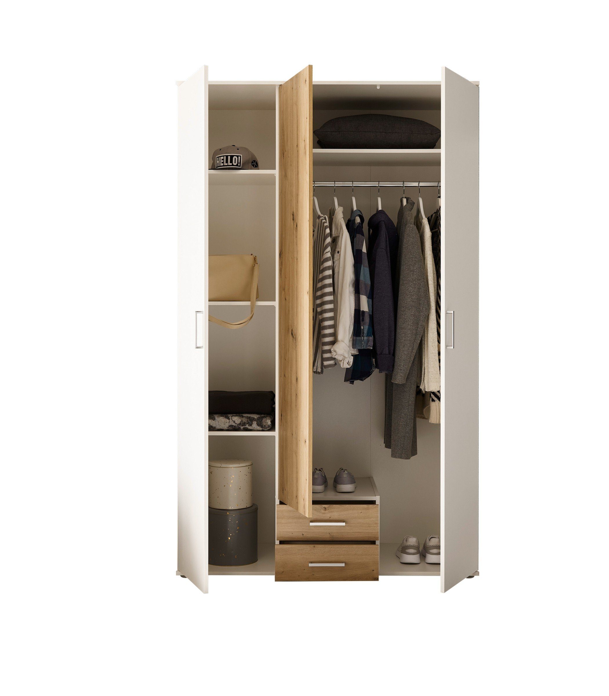 möbelando Kleiderschrank Eiche 120x196x54 und mit Marburg cm) 2 in Weiß Artisan Schubladen / Türen (BxHxT: 3