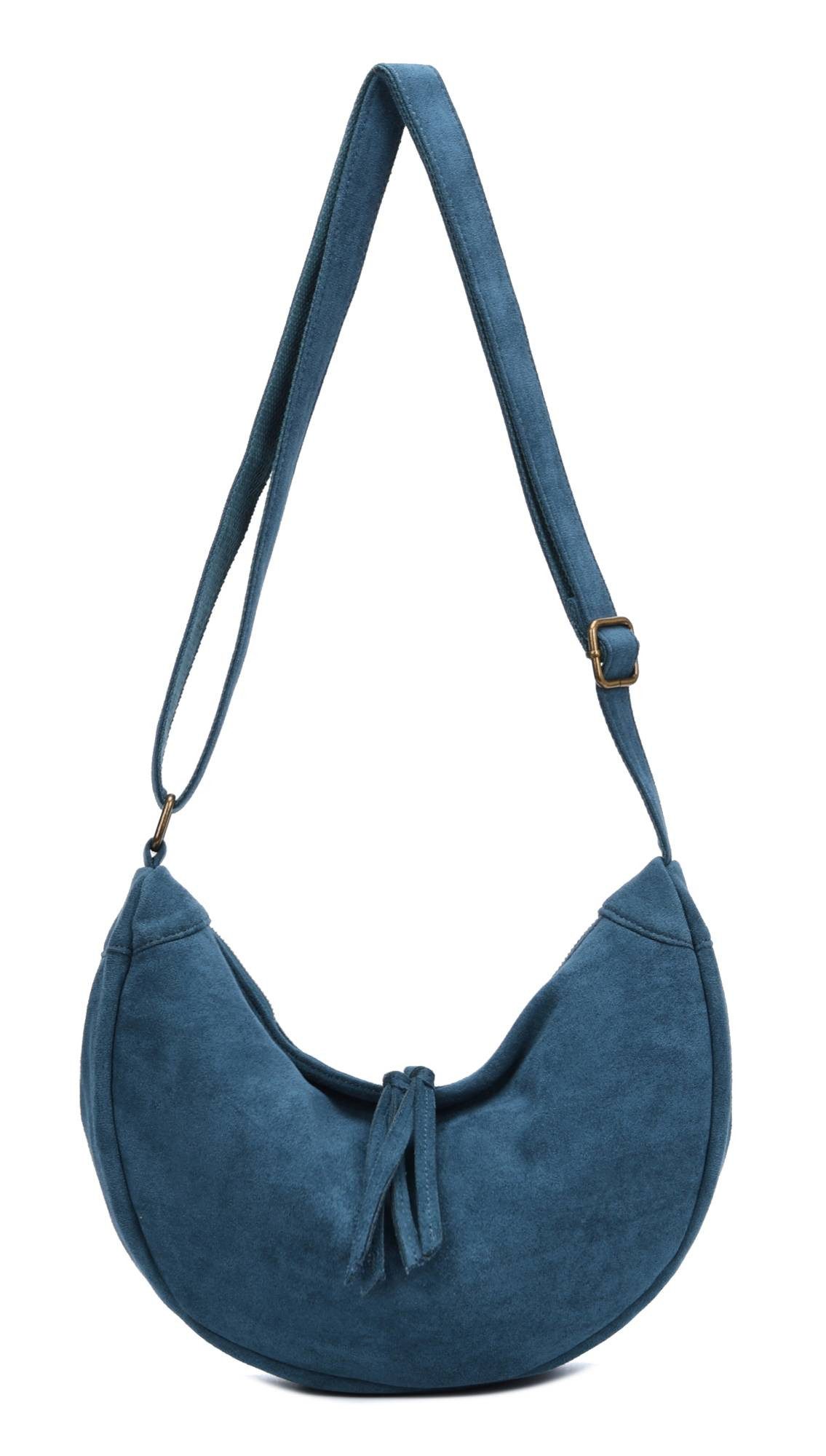 ITALYSHOP24 Schultertasche Damen Tasche MOON Halbmond Cross Over Body Bag Umhängetasche Suedette, Tragekomfort Hüft Brust Bauch Gürtel Rücken Slingtasche Wildlederoptik