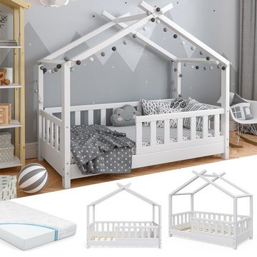 VitaliSpa® Kinderbett Kinderhausbett mit Zaun DESIGN Weiß Matratze