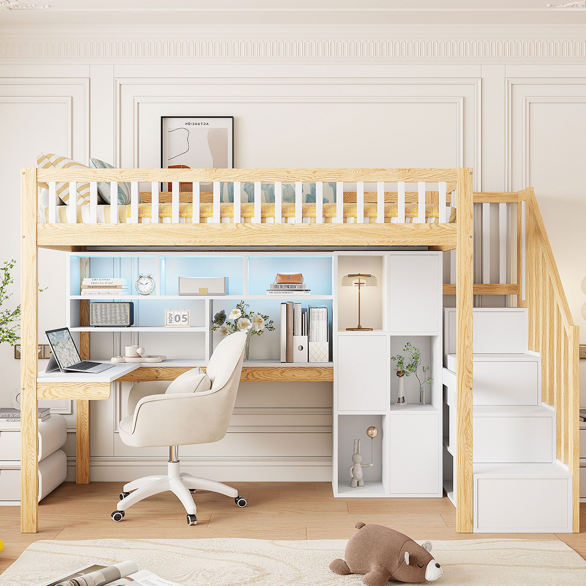 Flieks Hochbett Kinderbett 90x200cm mit Ambientelicht, Ablagefächer und Sch günstig online kaufen