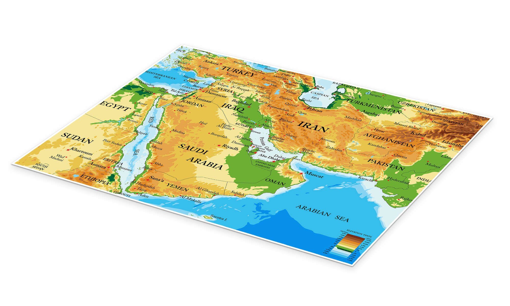 Posterlounge Wandbild Naher Osten - Topographische Karte, Editors Choice, erhältlich als Poster, Leinwandbild, Wandsticker oder Acrylglasbild