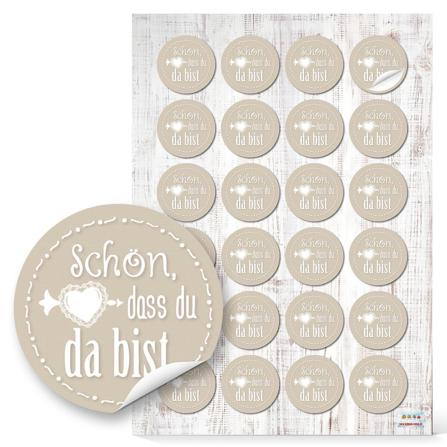 Logbuch-Verlag Aufkleber 48 kleine runde Aufkleber beige creme weiß shabby SCHÖN DASS DU DA