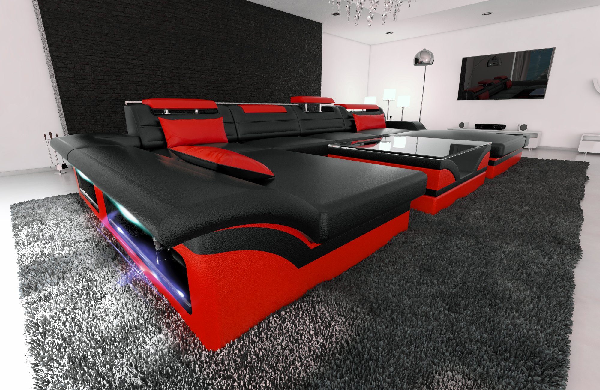 Sofa Dreams Wohnlandschaft Monza U Form Leder Sofa, Couch, mit USB-Anschluss, LED-Beleuchtung, Ausrichtung der Ottomane wählbar